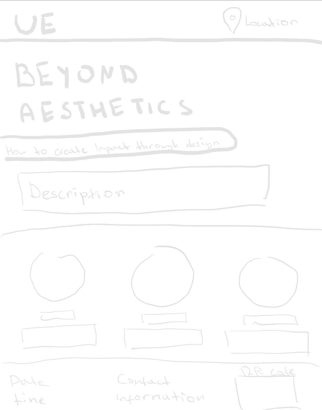 Pencil sketch of the poster layout: title, description, three speaker circles and details