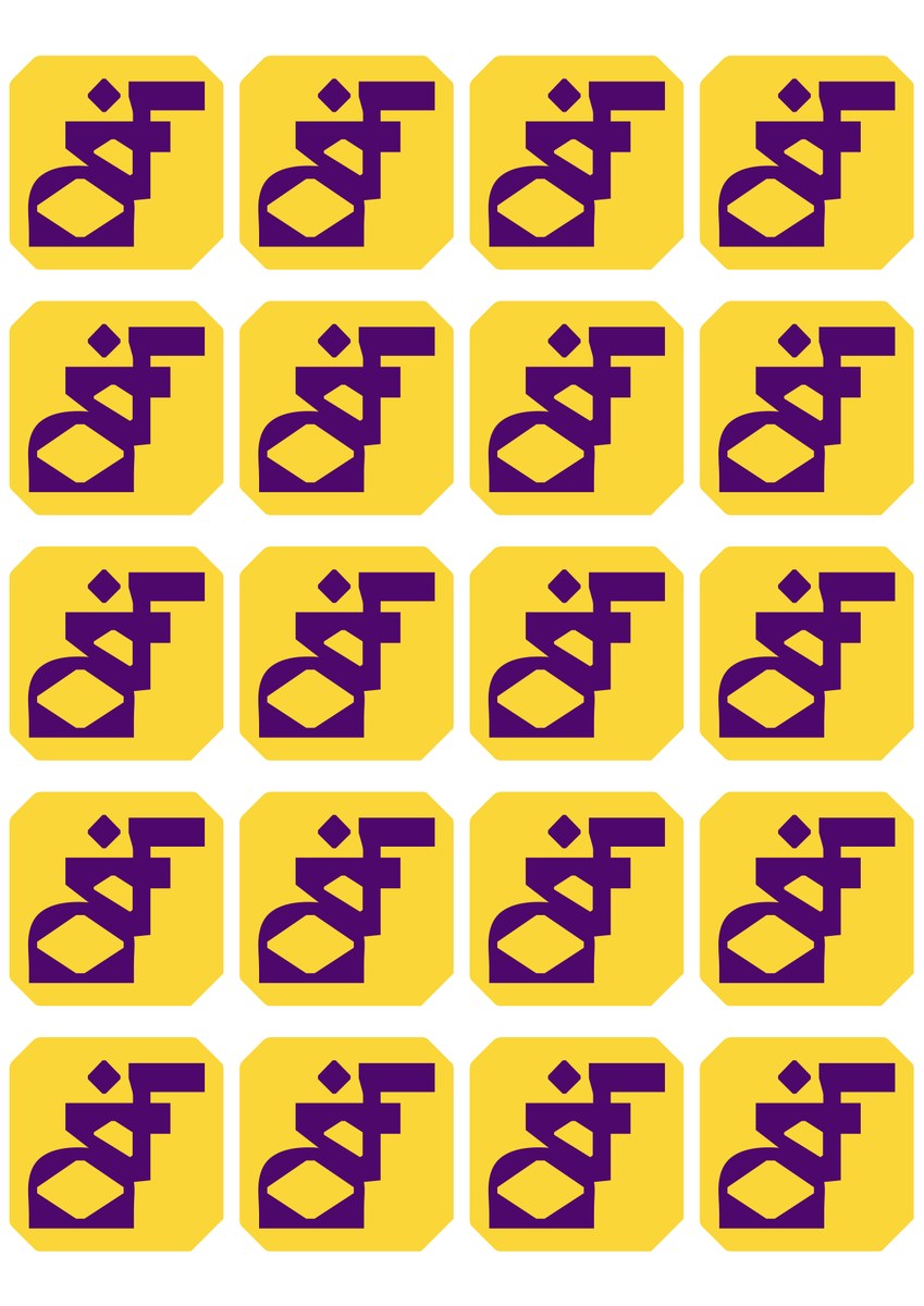 Sticker sheet with the purple D4i logo on yellow cut-corner squares