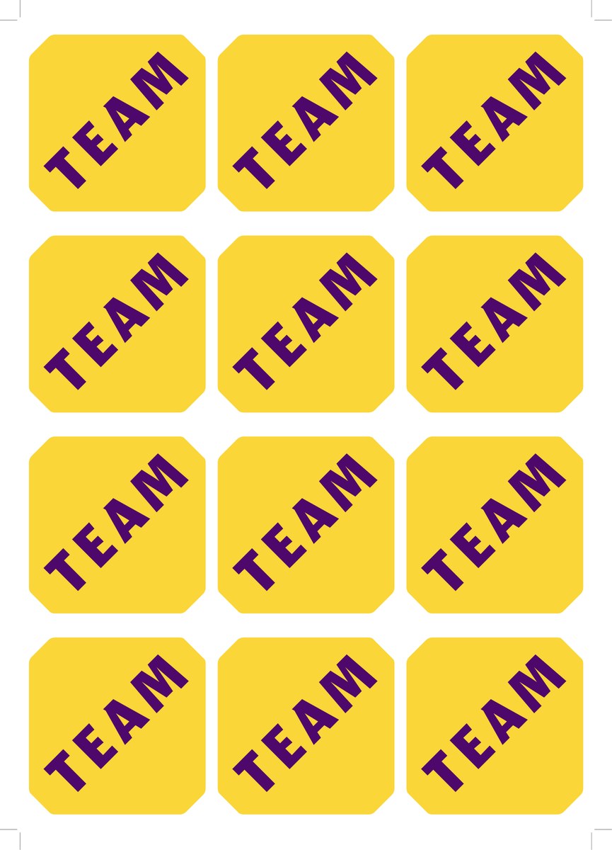 Sticker sheet with purple TEAM badges on yellow cut-corner squares