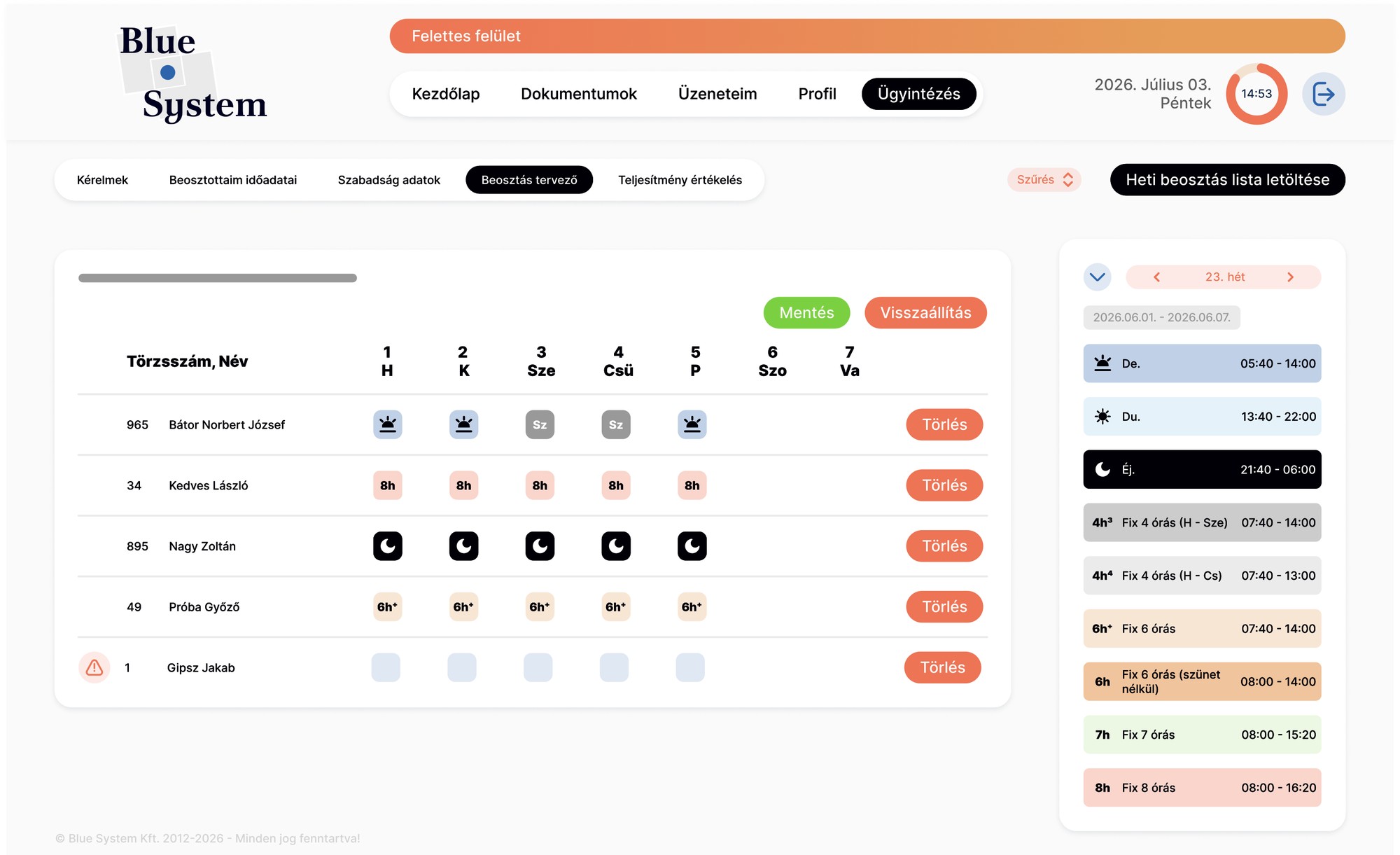 New design: weekly schedule planner with colour-coded shift icons per person and day, and a shift legend