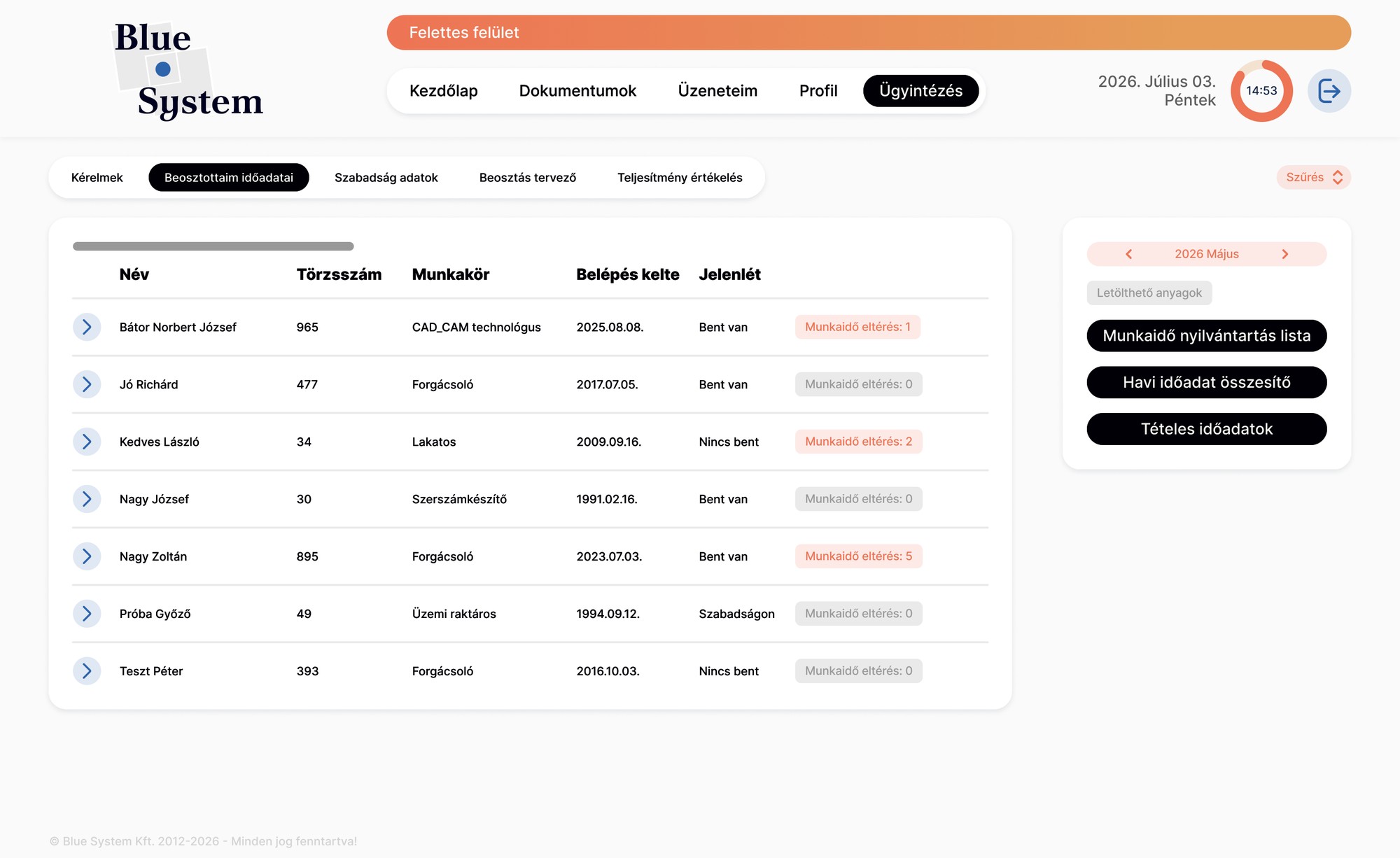 Superior’s team list with attendance and red-highlighted working-time deviations, under the orange superior interface bar