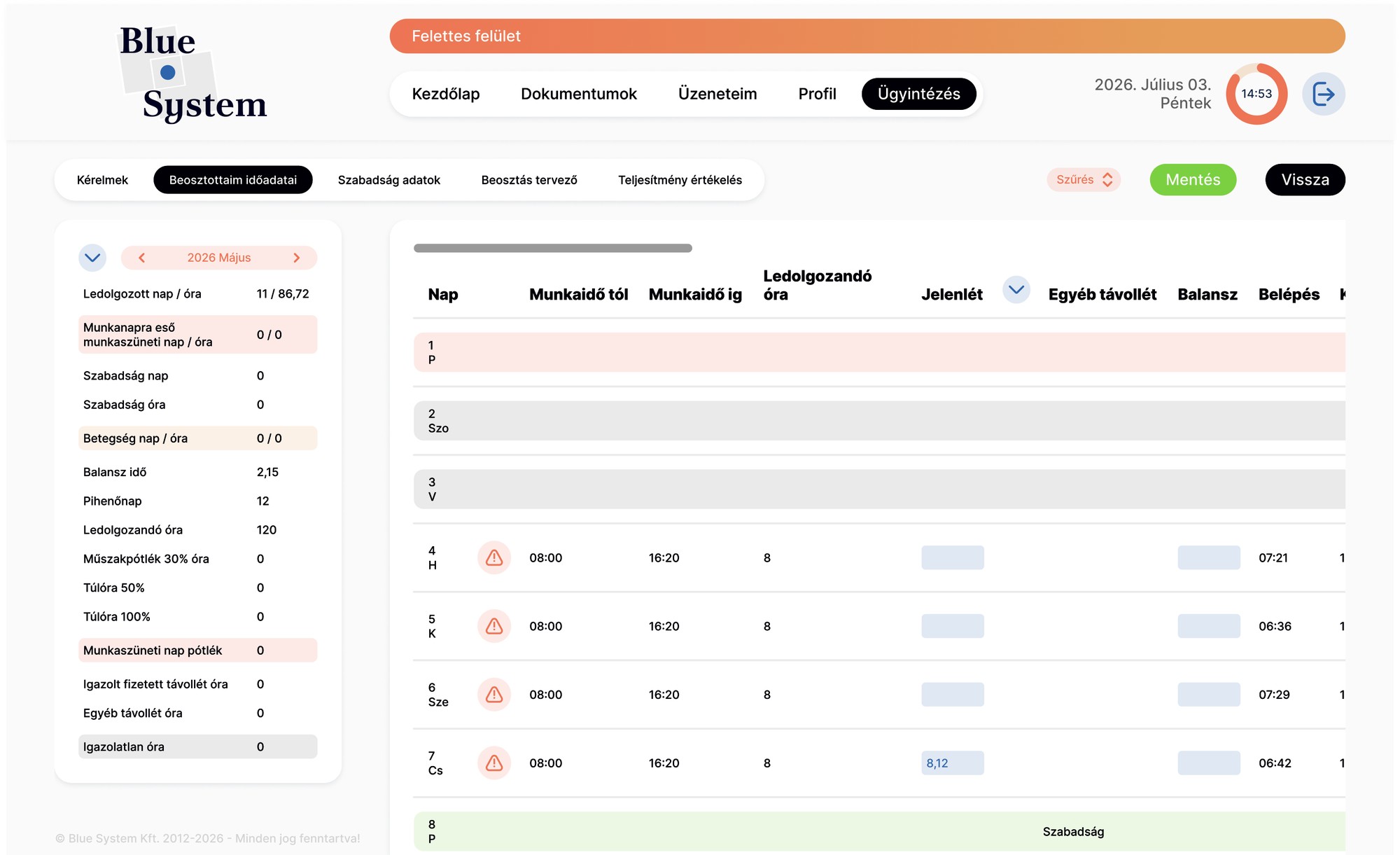 New design: the same monthly time sheet on the superior side