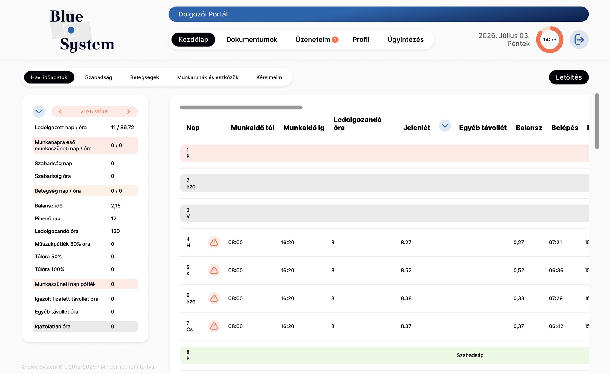 Employee’s own monthly time sheet under the blue employee portal bar