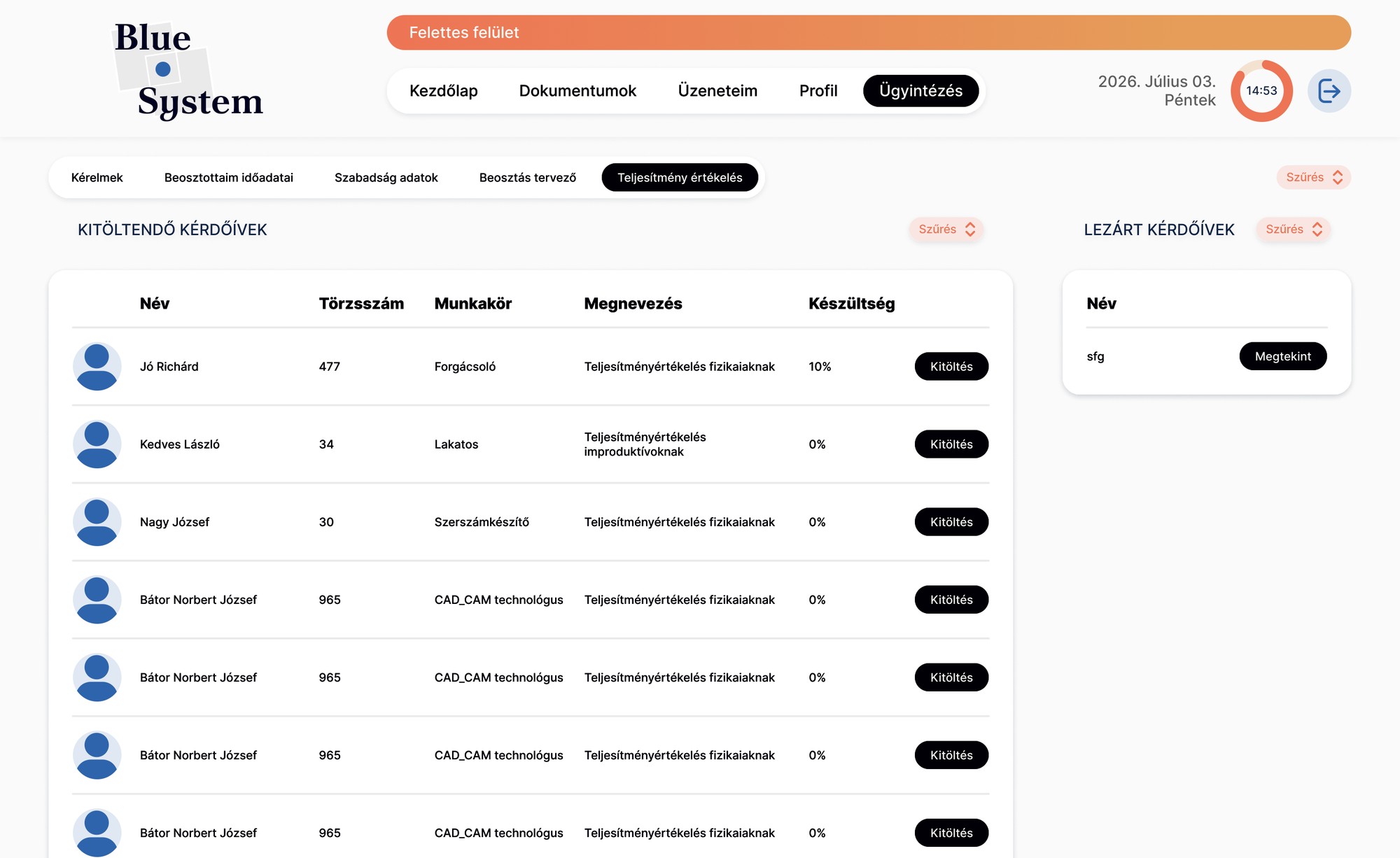 Performance review forms with their progress, and a list of closed reviews