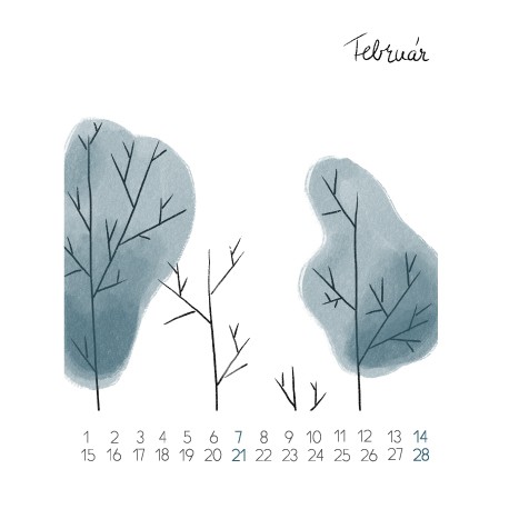 February page with a hand-painted nature illustration