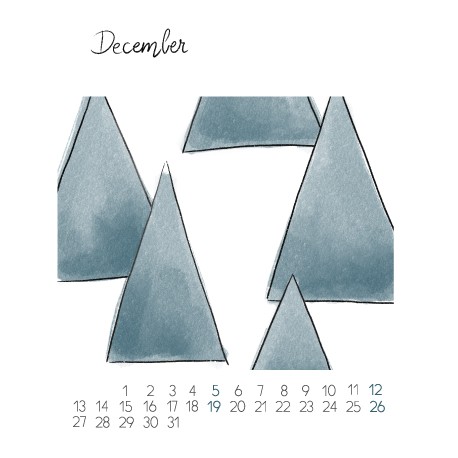 December page with a hand-painted nature illustration