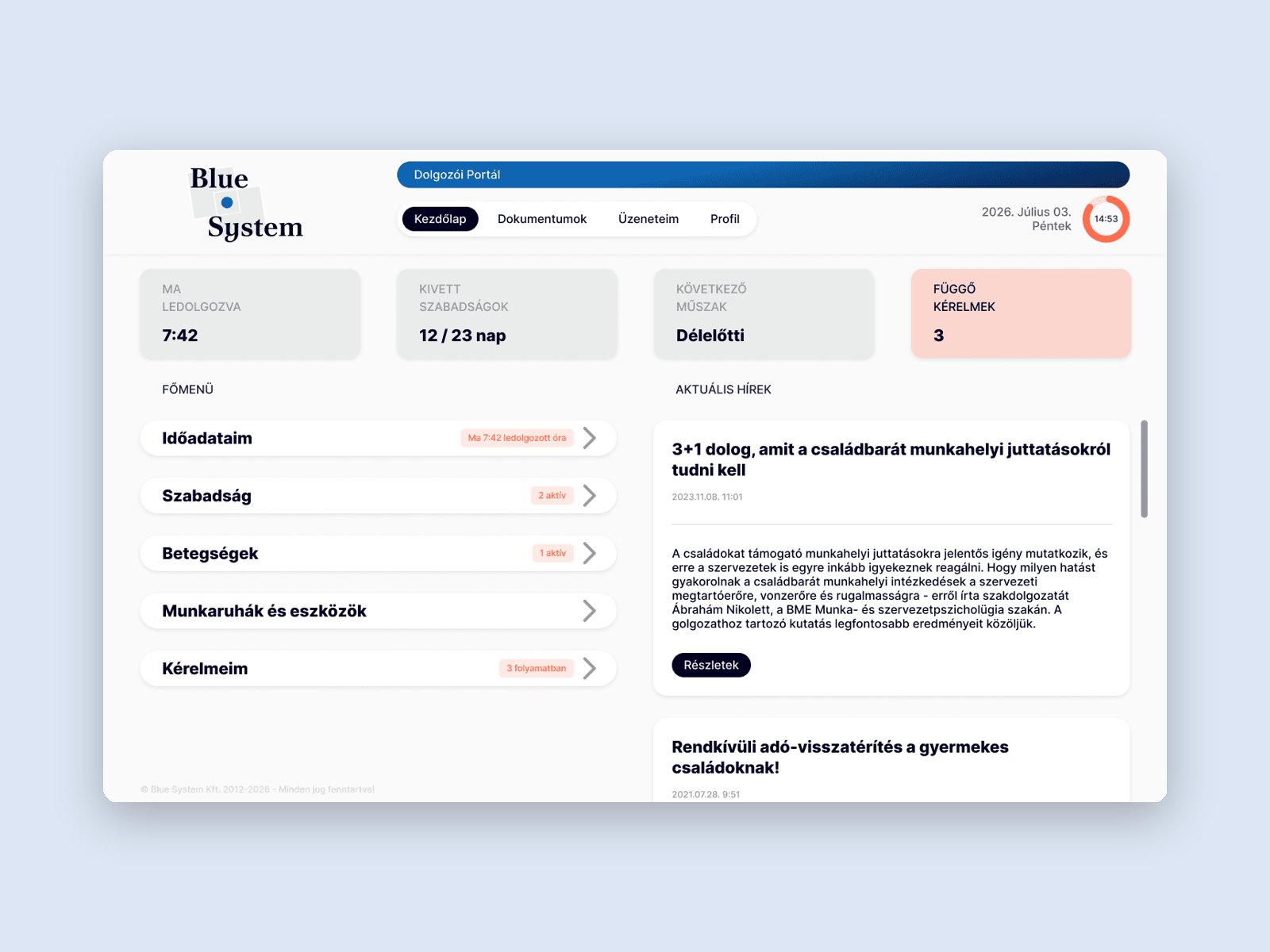 Redesigned Blue System dashboard on a light blue background