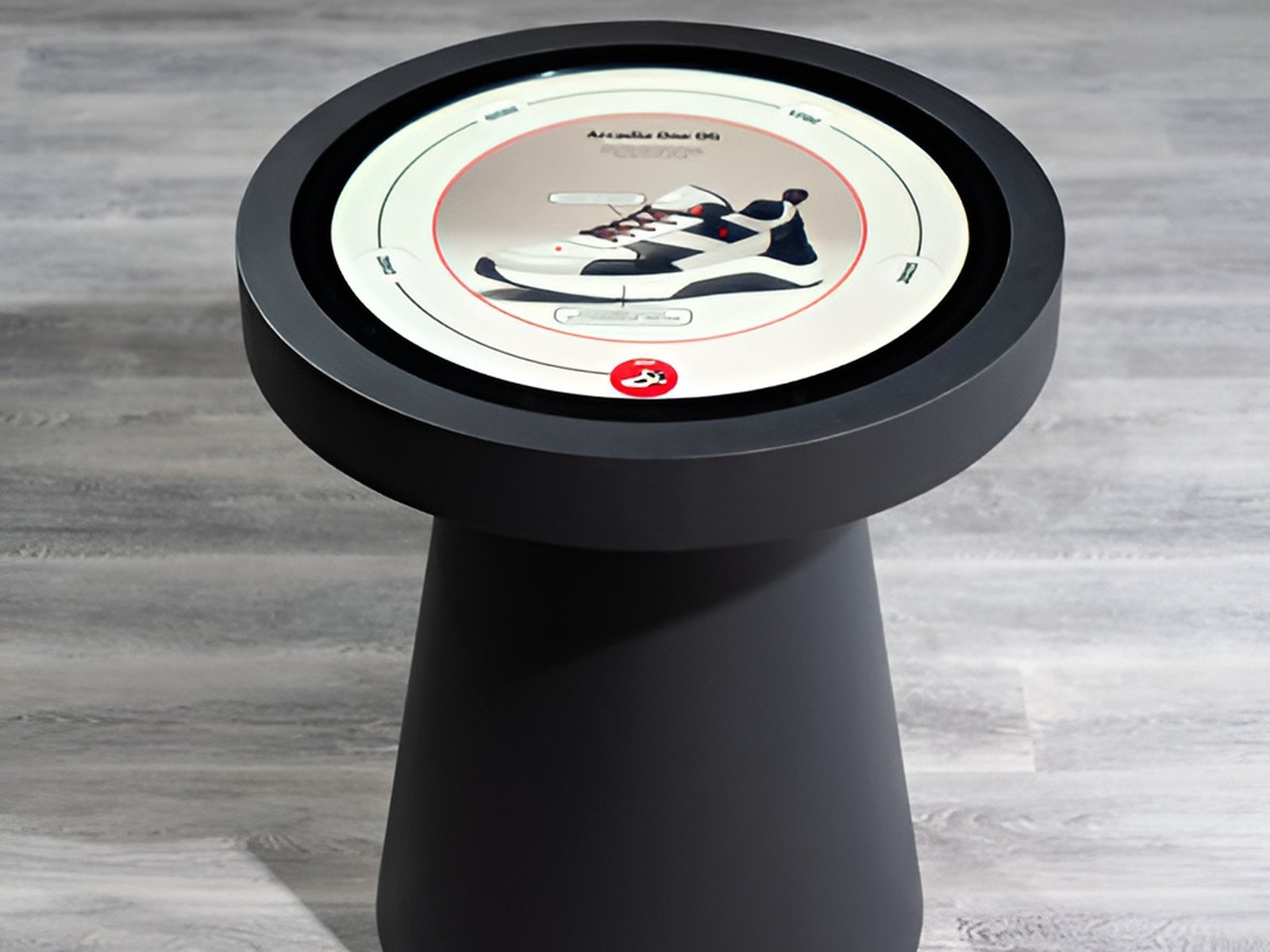 Round interactive touch table showing a sneaker