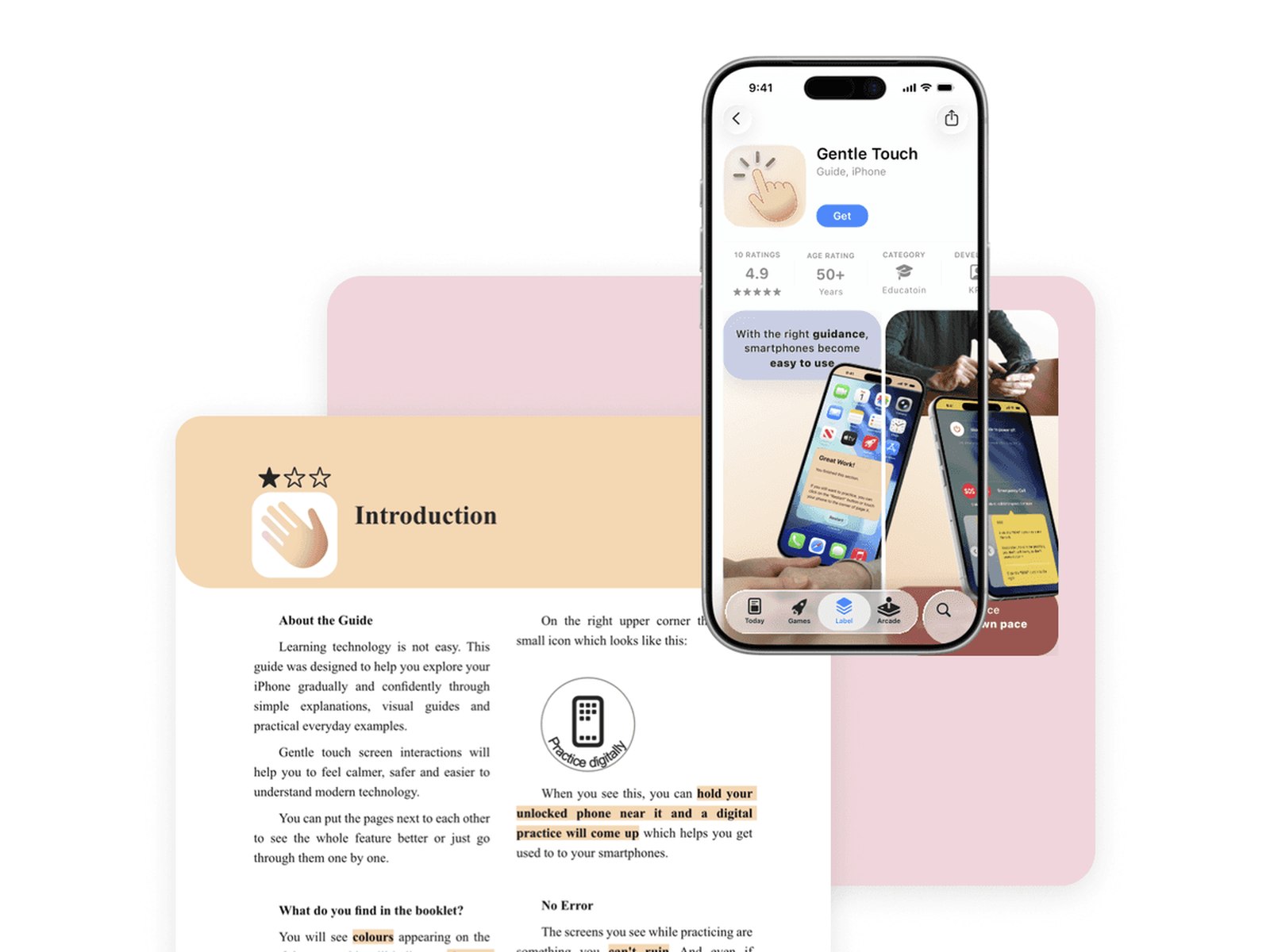 Gentle Touch printed guide next to a phone showing the app