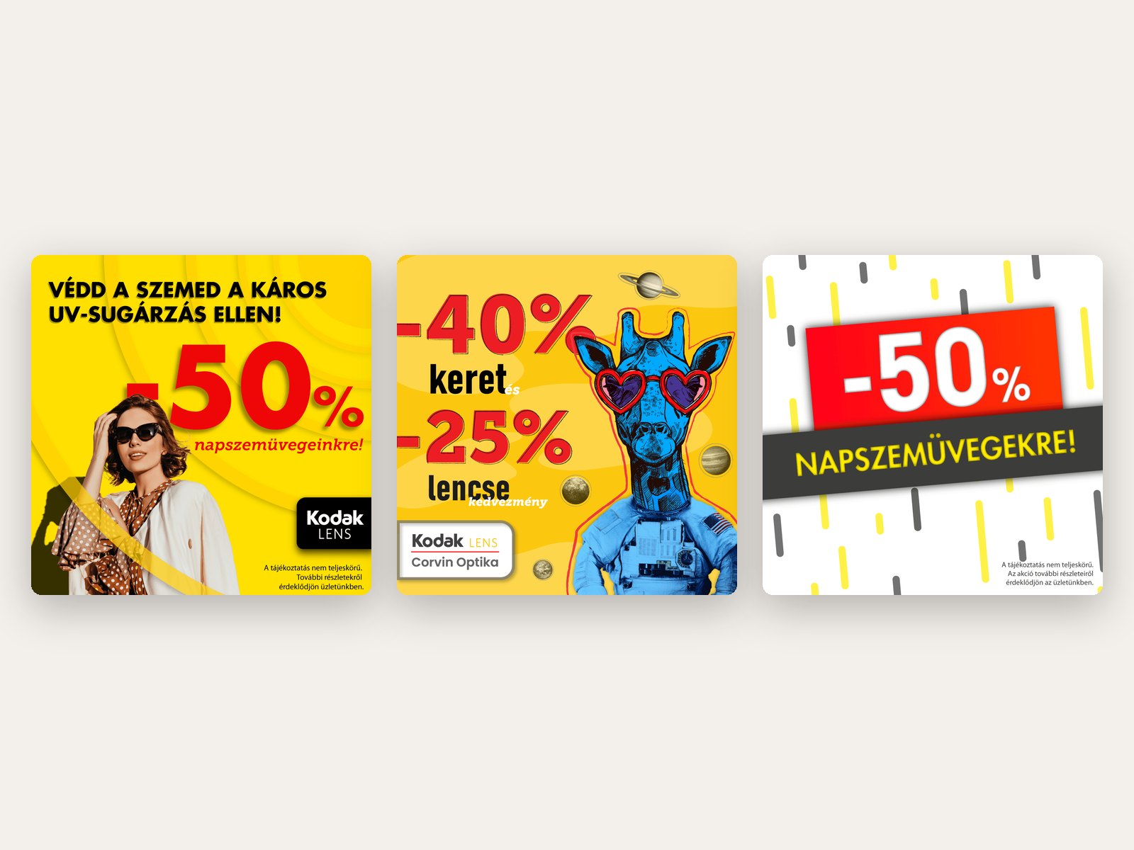 Three bright yellow and red sale posts for an optics shop
