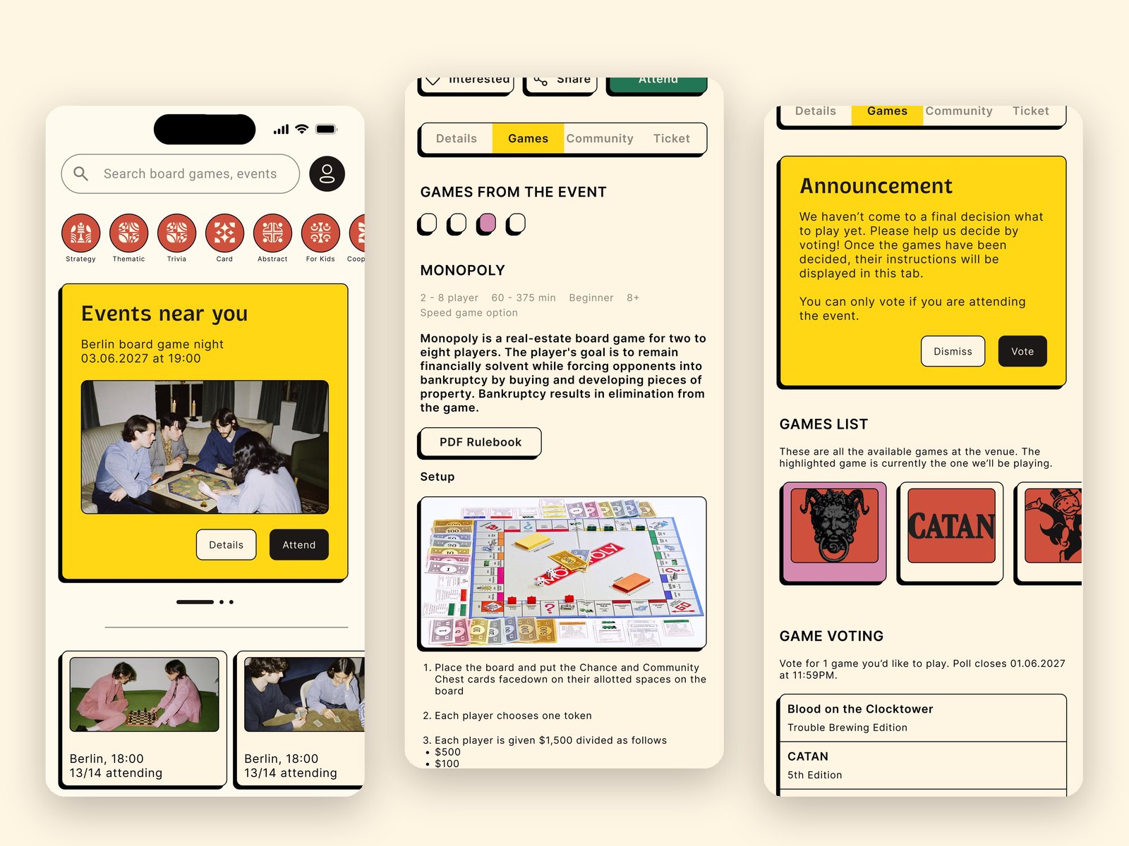 Three PlayCircle app screens on a cream background