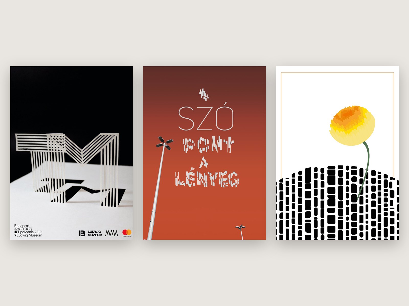 Three posters: TipoMánia 2019, A szó pont a lényeg and Haiku autumn