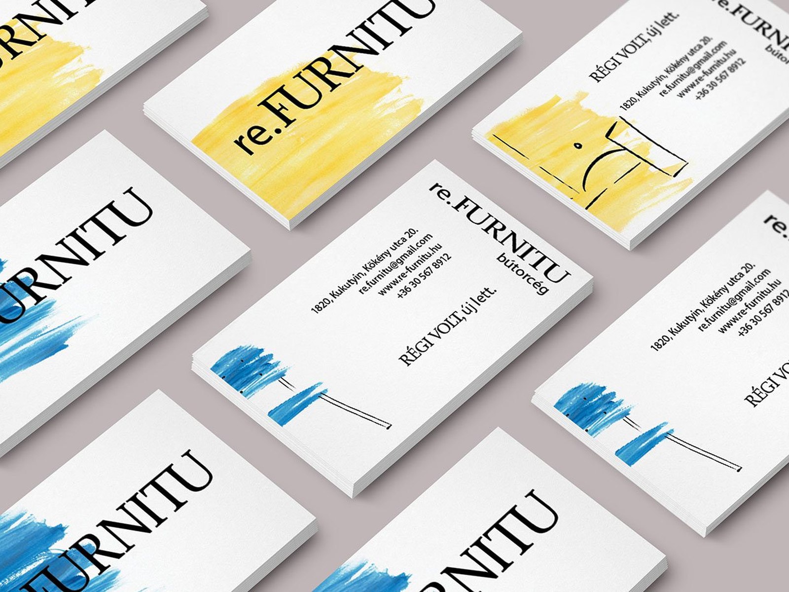 re.FURNITU business cards with brush strokes in blue, yellow and coral