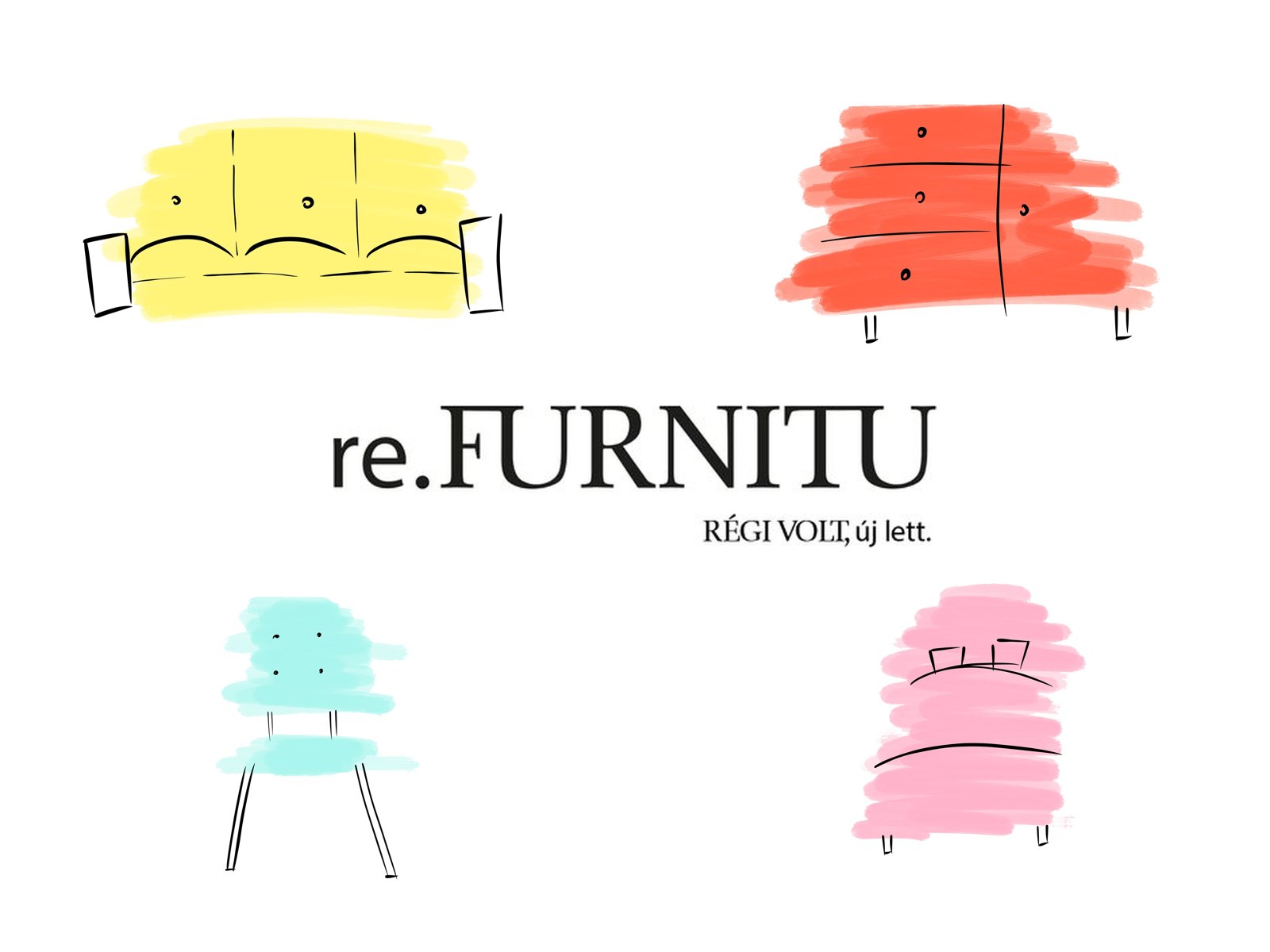 re.FURNITU logo surrounded by brush-stroke illustrations of an armchair, a cabinet, a chair and a bed