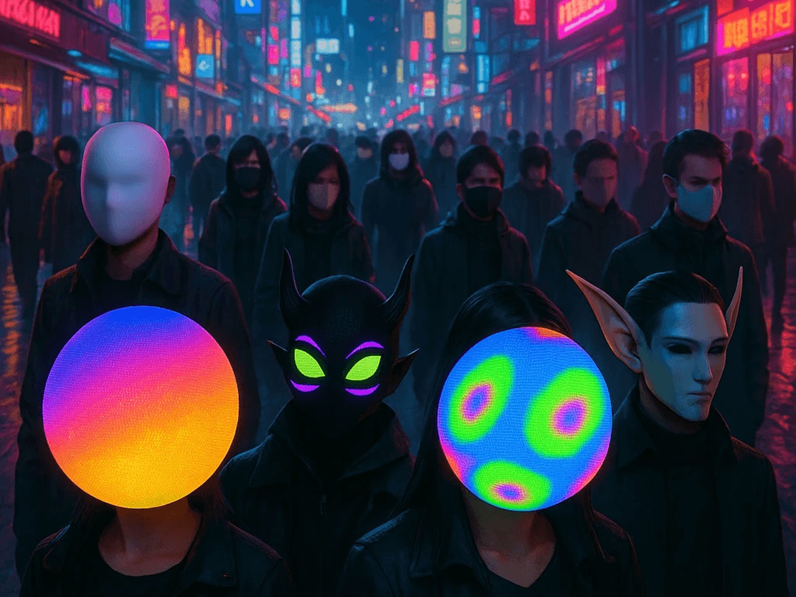 Crowd on a neon-lit street, some faces replaced by glowing orbs and masks