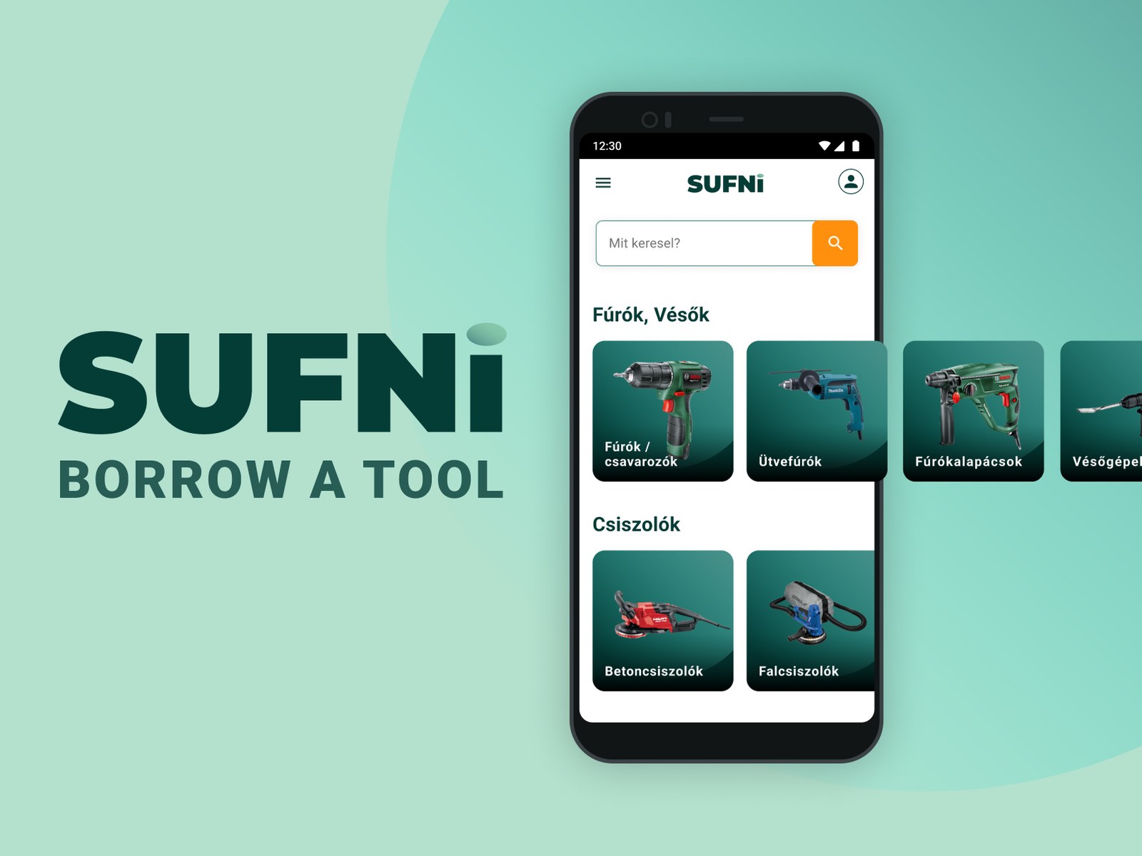 SUFNI Borrow a tool wordmark next to a phone showing the app