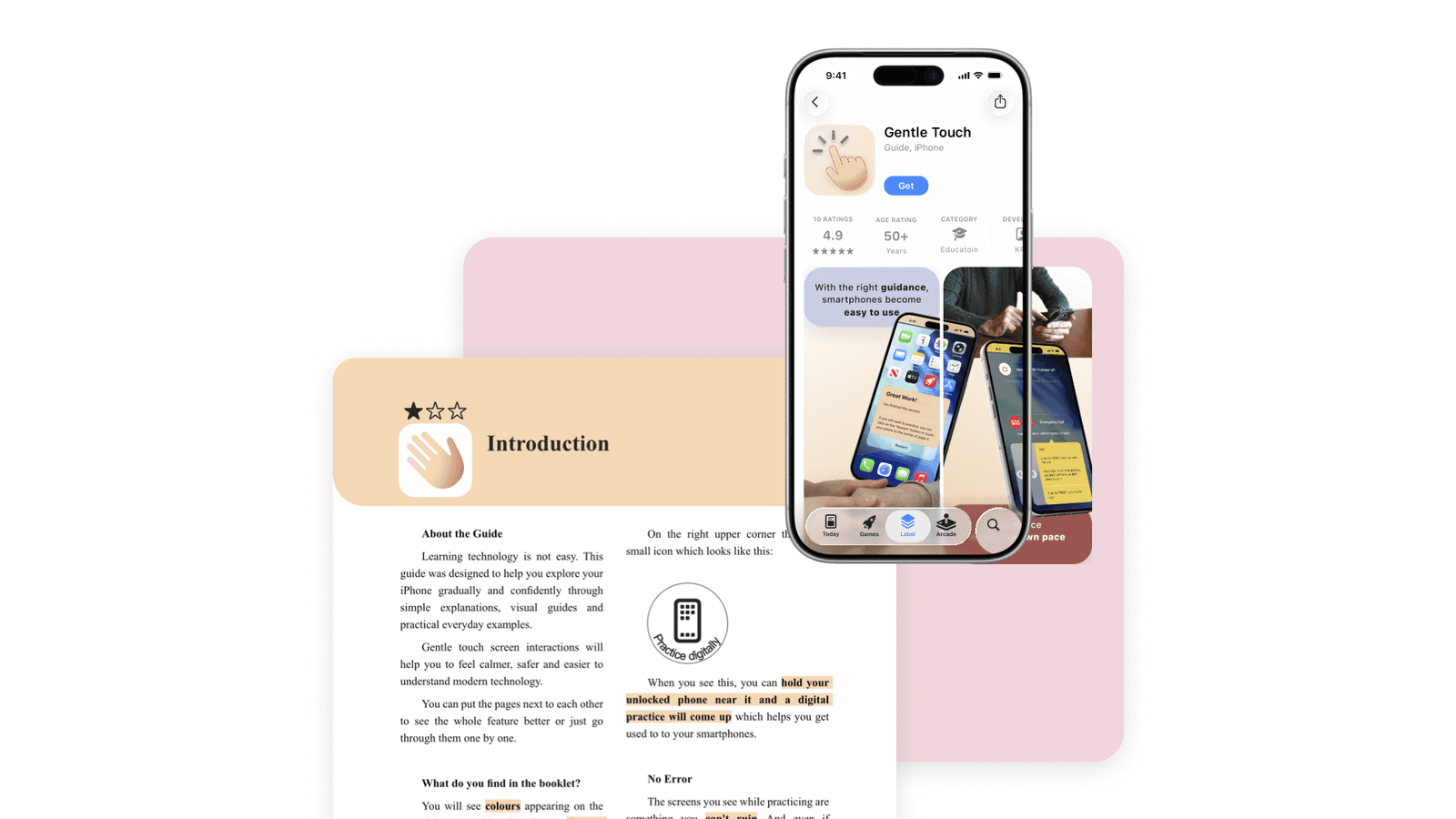 Gentle Touch printed booklet next to an iPhone showing the companion app