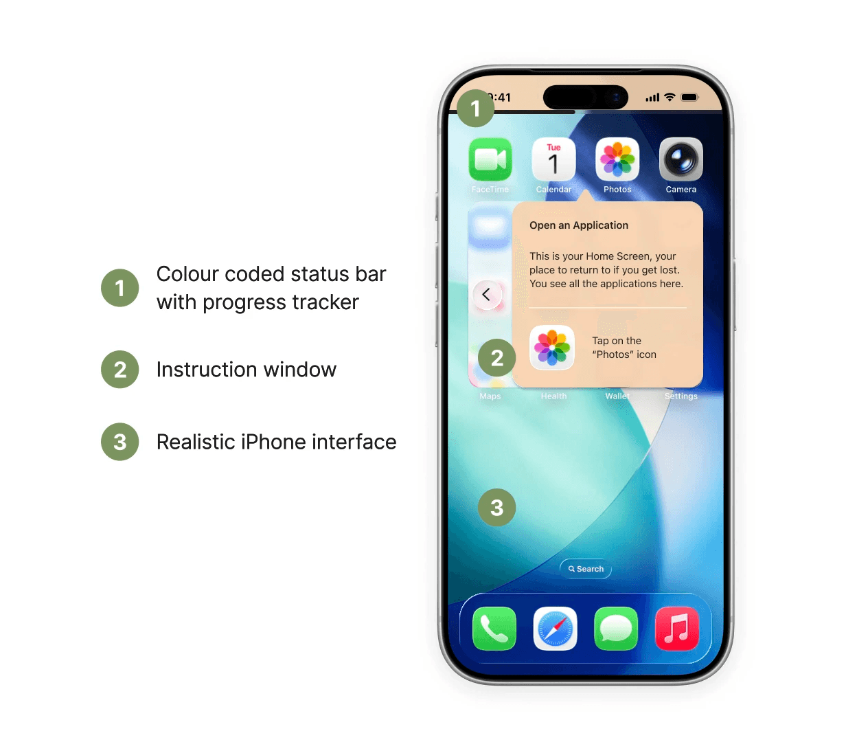 Annotated parts of the digital practice screens: colour-coded status bar, instruction window and realistic iPhone interface