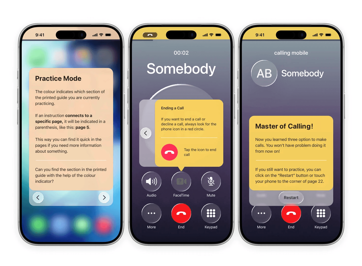 App screens: onboarding, icon lookup and a reassuring end message