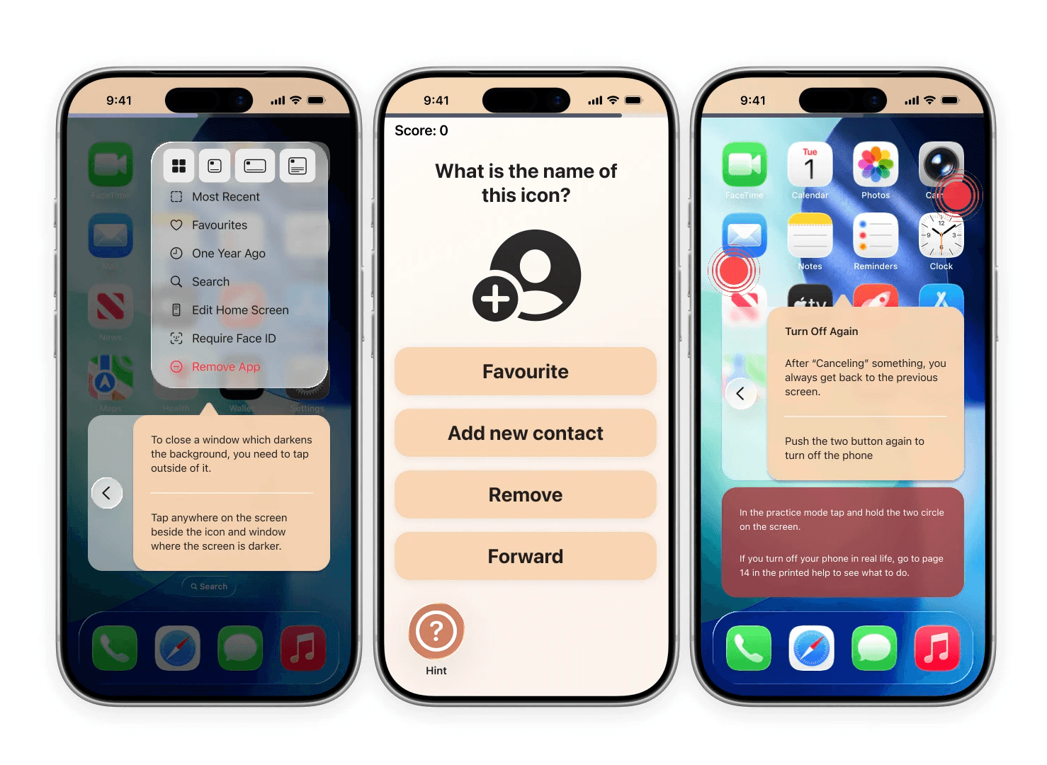 App screens: gesture practice, icon game and a warning message