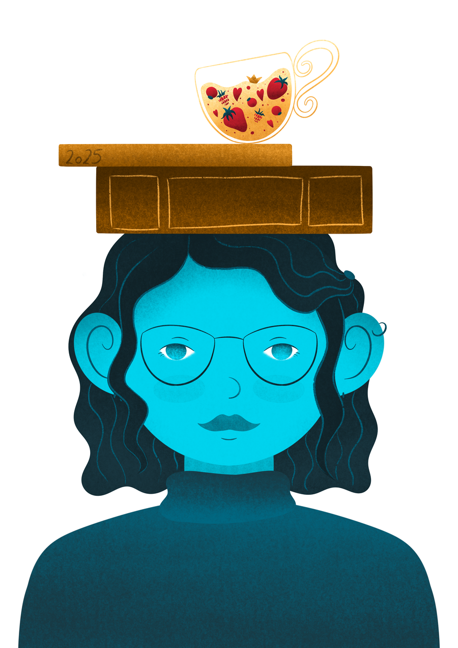 Illustration of a woman with glasses and curly hair, balancing a book and a teacup on her head