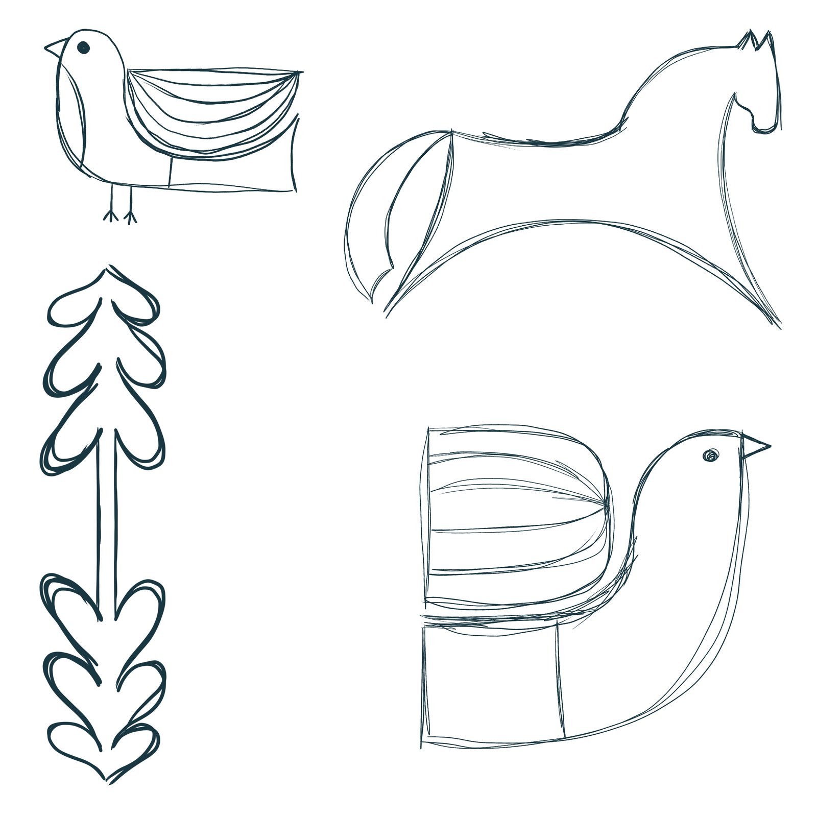 Hand-drawn folk motifs: a bird, a horse and a plant