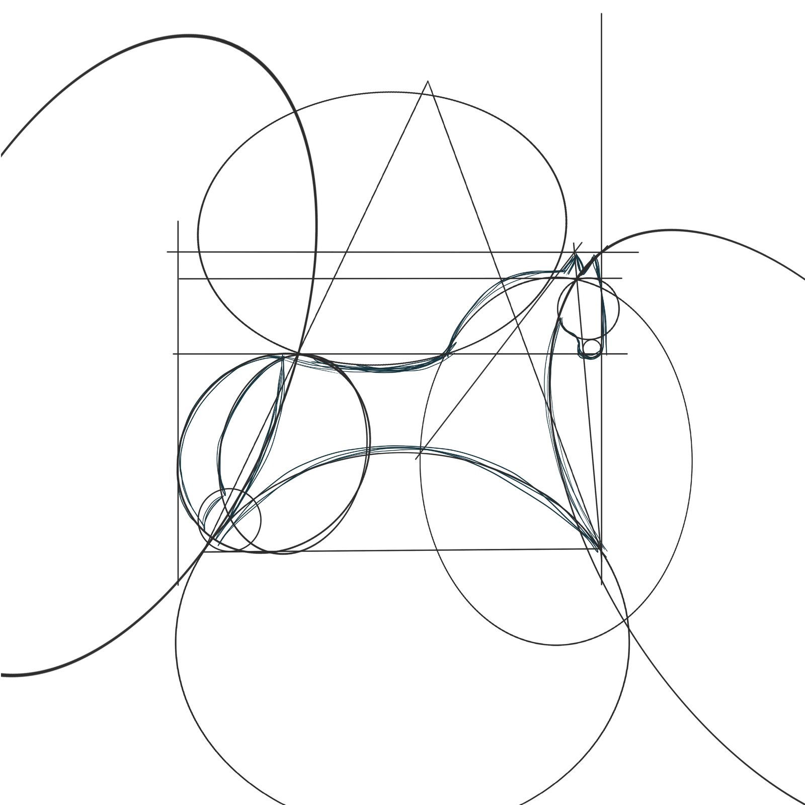 Construction drawing of the horse motif made from circles and lines