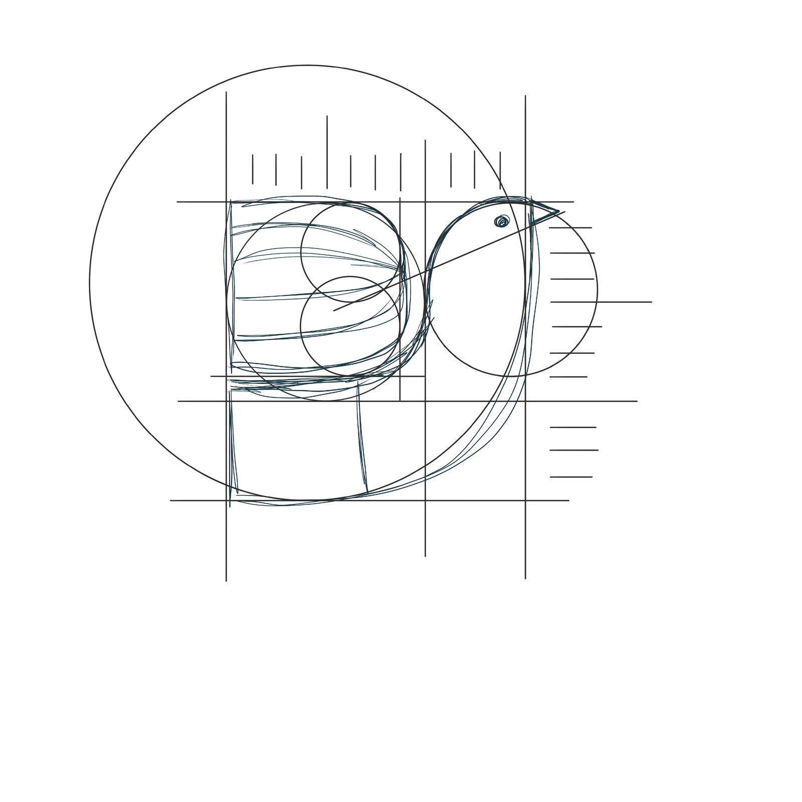 Construction drawing of the bird motif on a grid