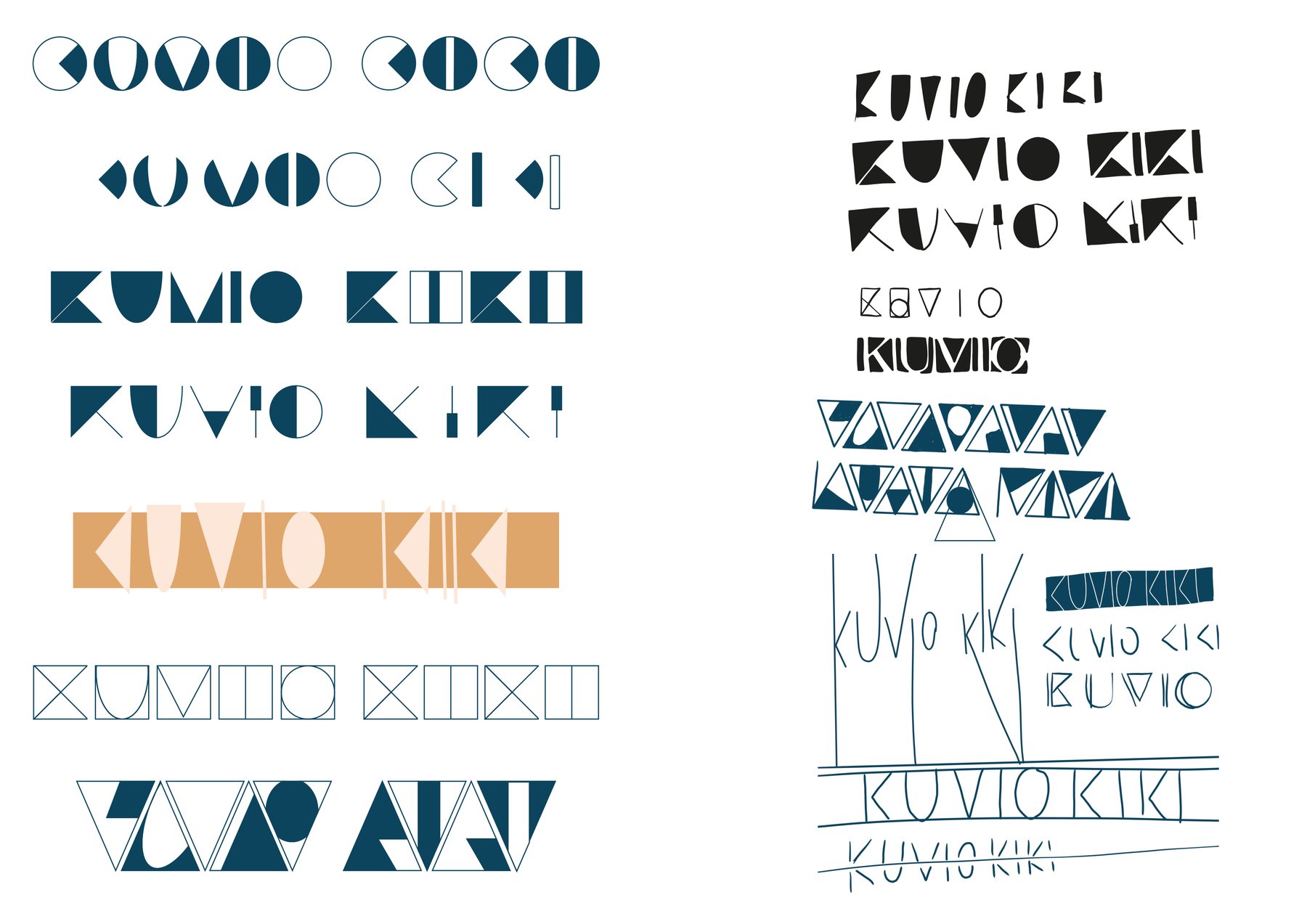 Logotype explorations of Kuvio Kiki in circles, triangles, lines and mixed shapes