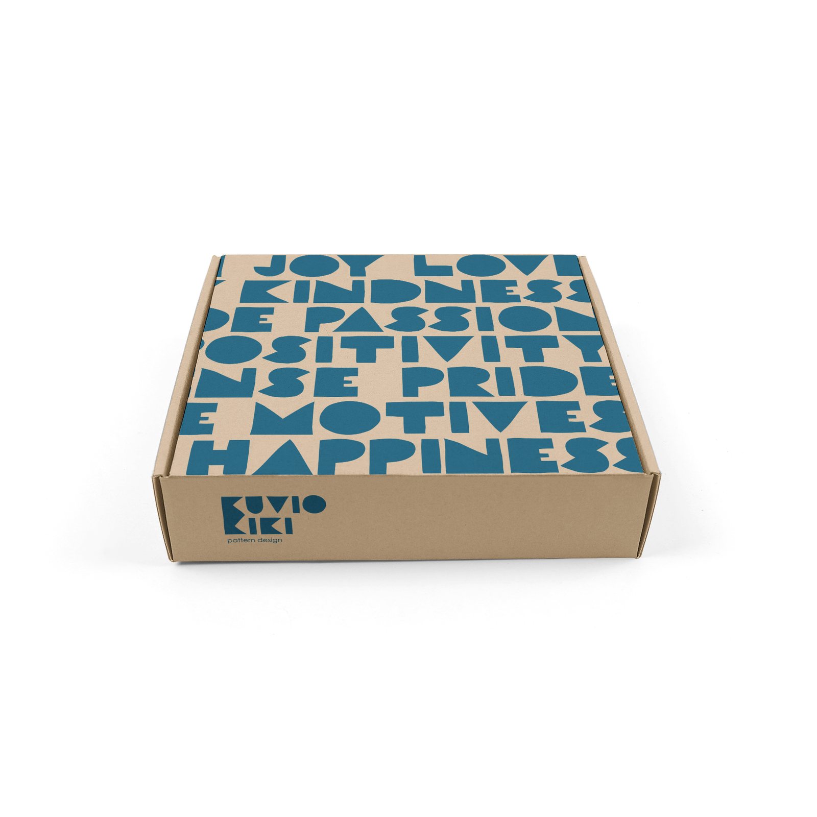 Kraft box with a large word pattern in teal