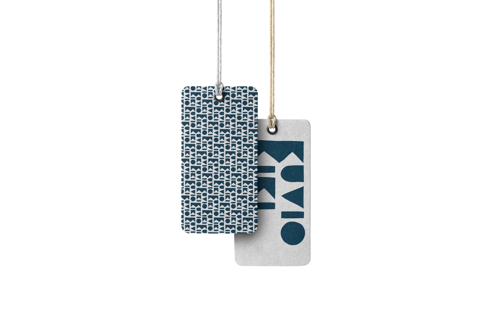 Two hang tags with the logo and pattern