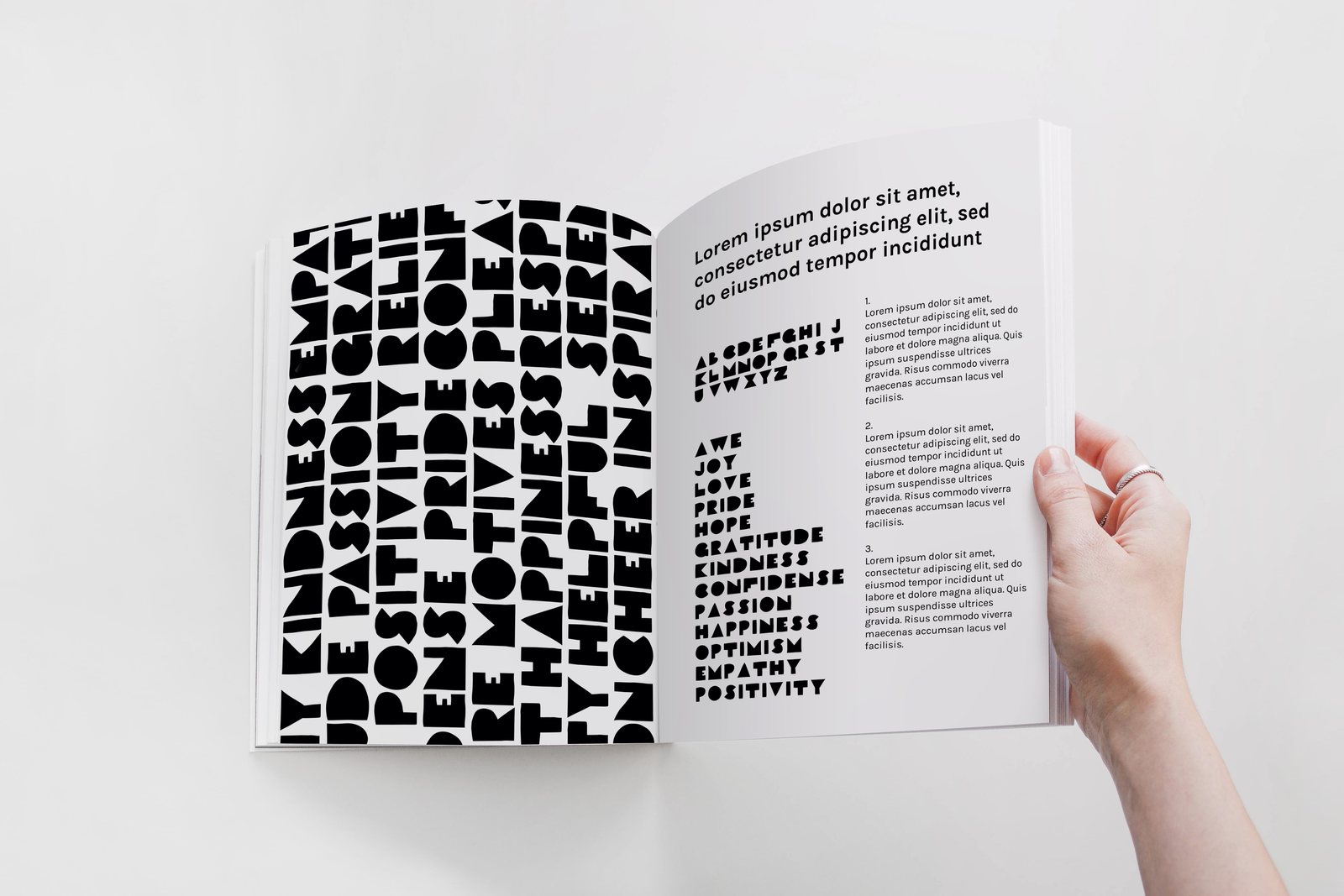 Open brochure spread with a word pattern and text