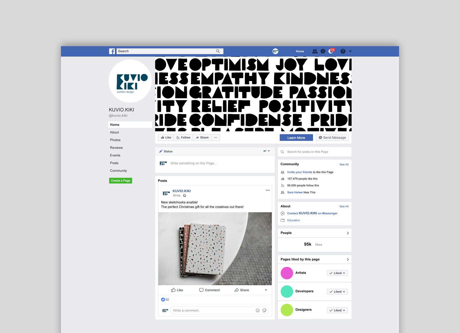 Kuvio Kiki Facebook page with a word pattern cover