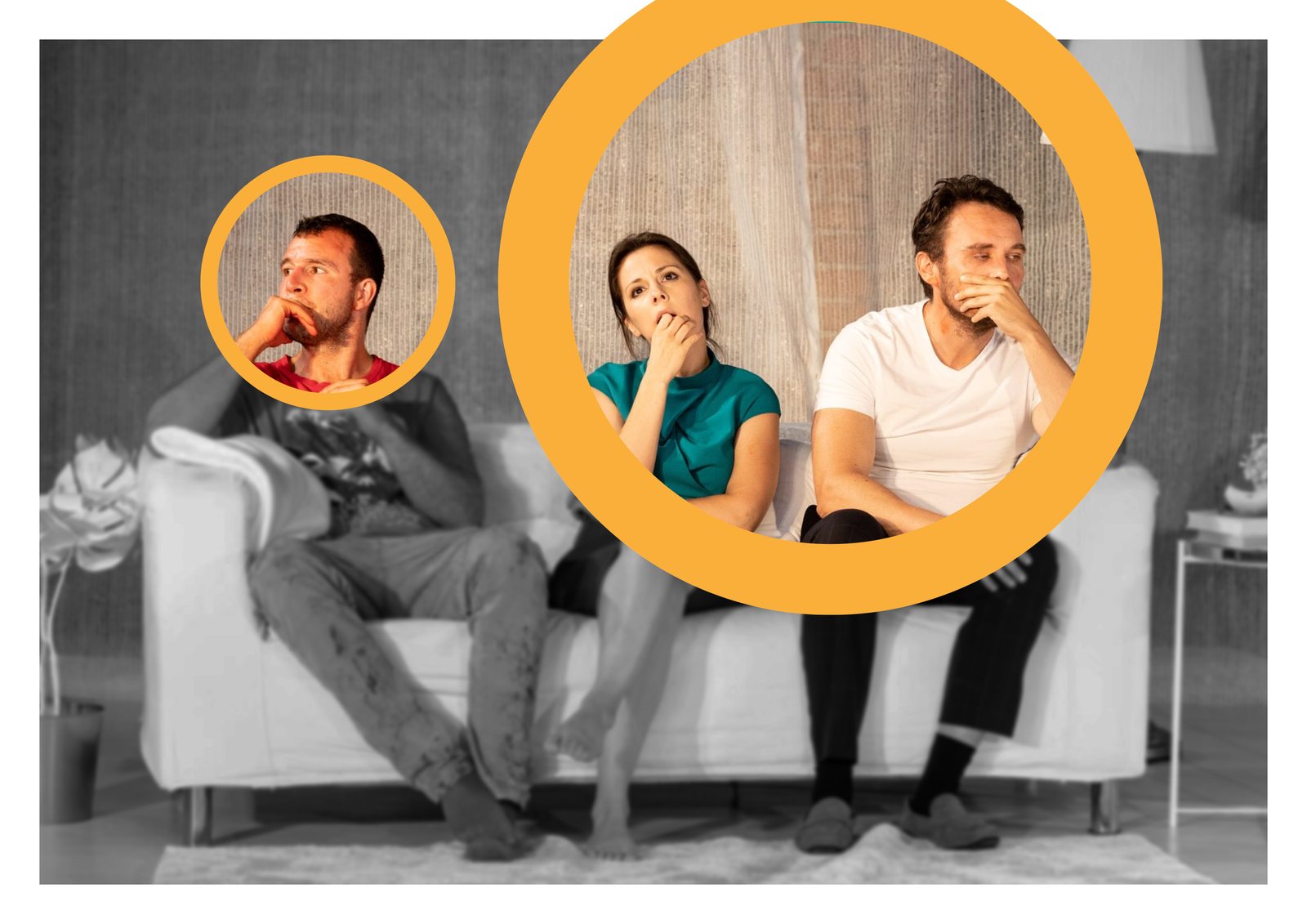 Árvák poster: a black-and-white stage photo with two orange circles highlighting the actors