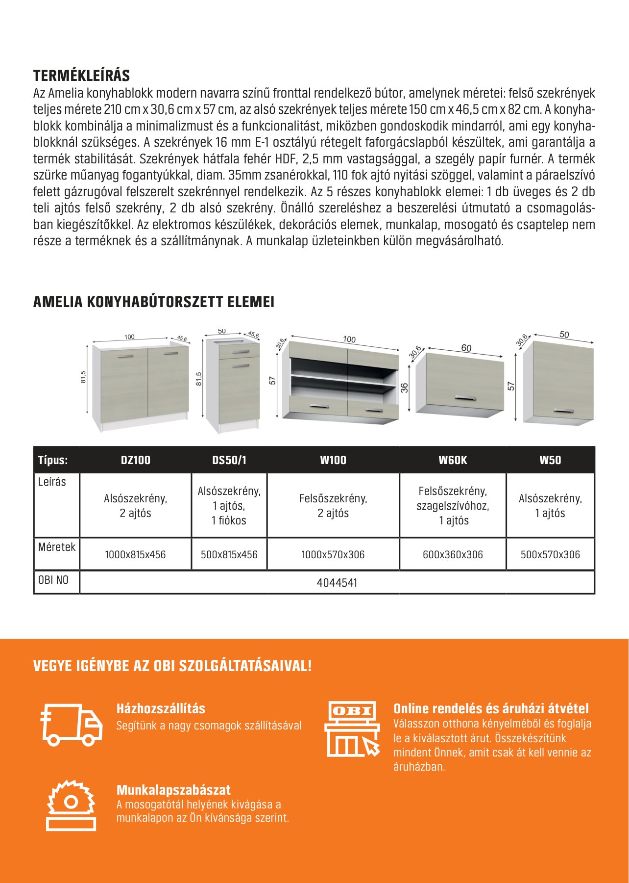 Back of the Amelia kitchen brochure with cabinet images and a price table