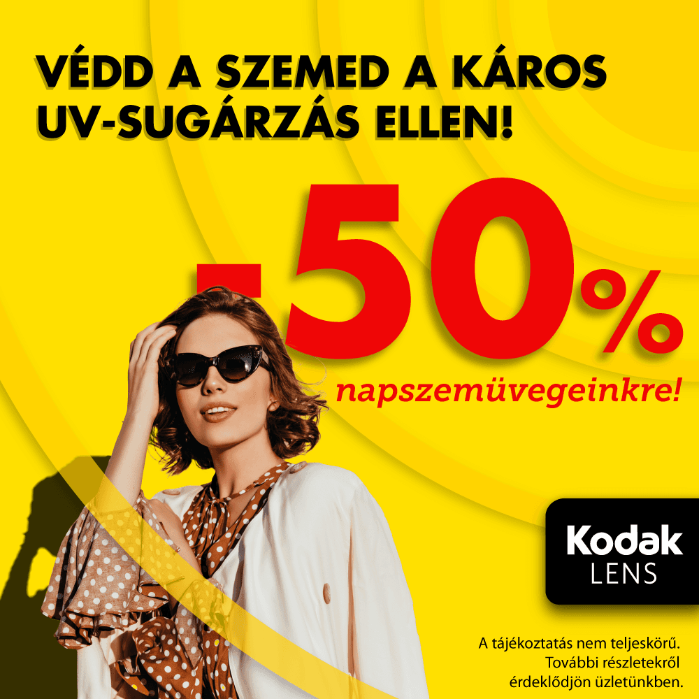 Yellow sunglasses sale post: 50% off sunglasses, Kodak Lens