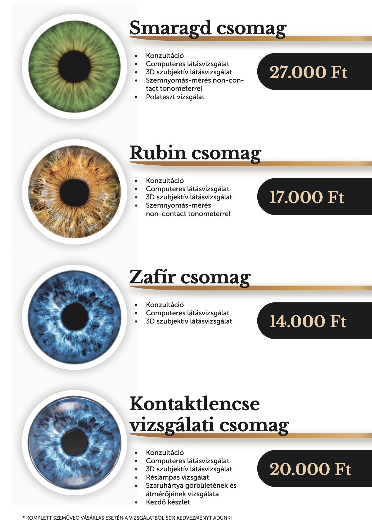 Price list of eye examination packages named Emerald, Ruby and Sapphire, each with an iris photo