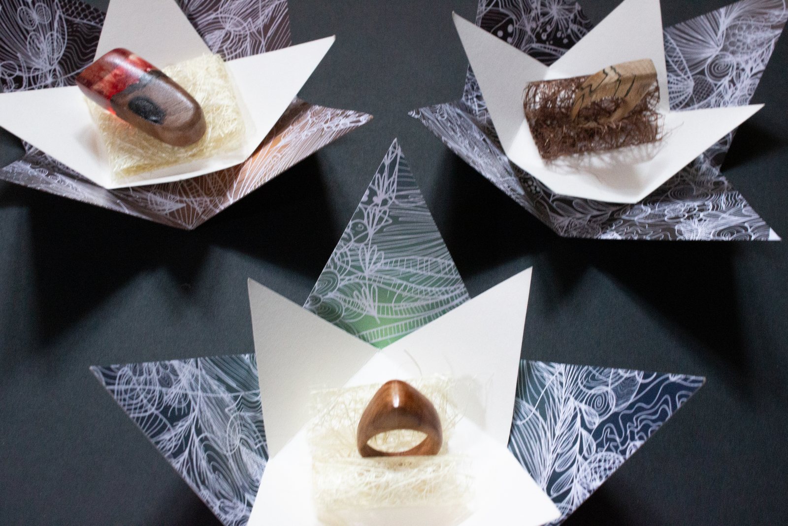 Open boxes holding resin rings