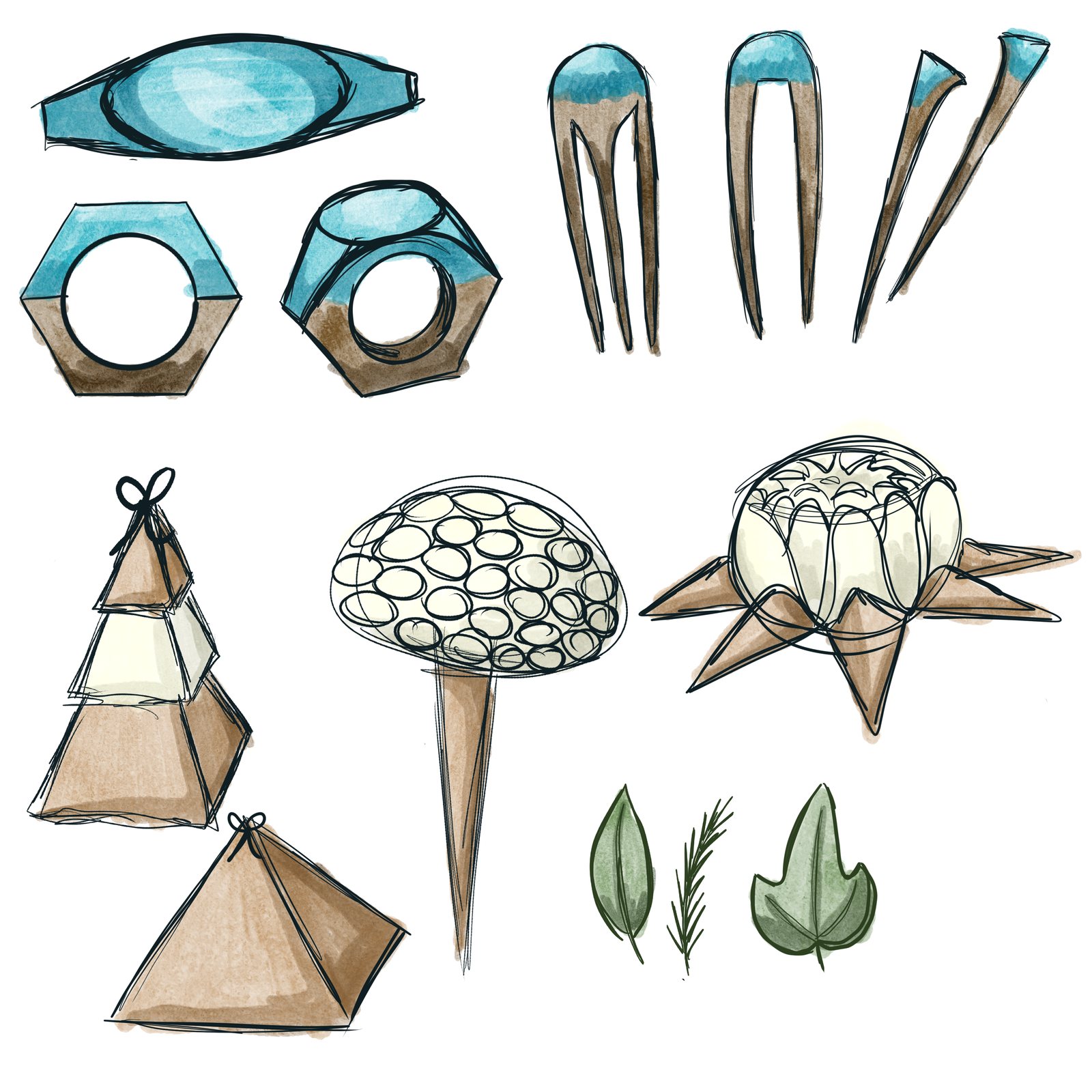 Sketches of the wood and resin hairpins, rings and box shapes