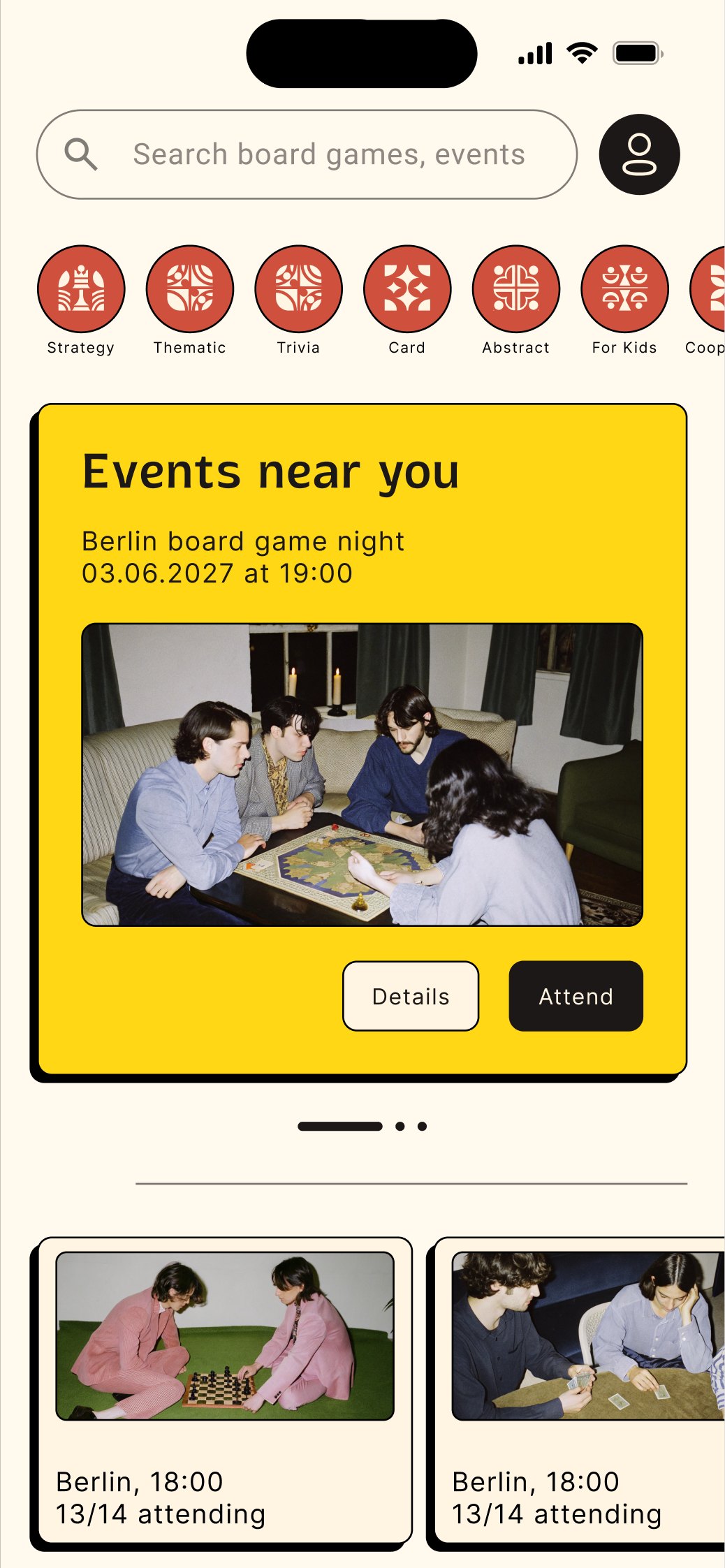Home screen with search, round red category icons and a yellow events near you card