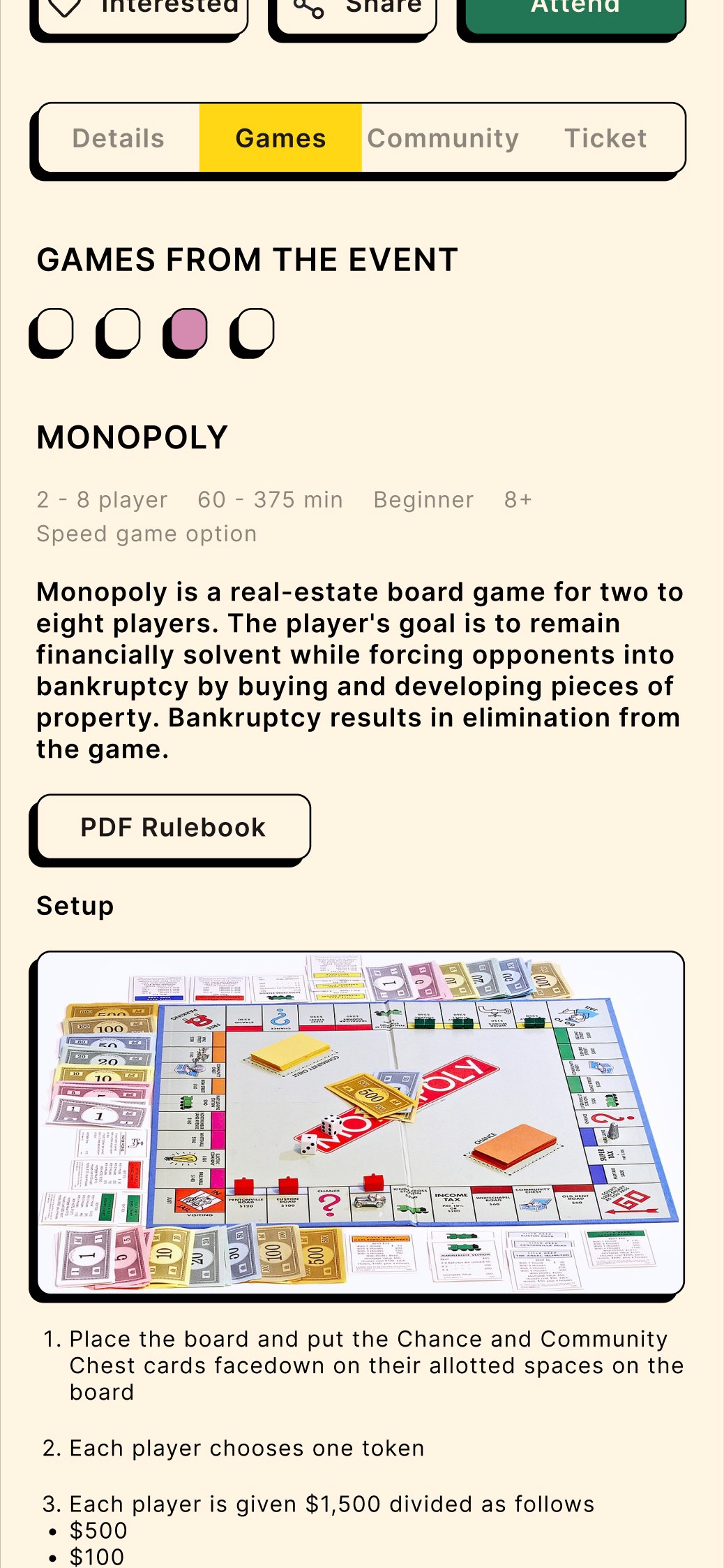 Event page with the games of the event and the rules of Monopoly