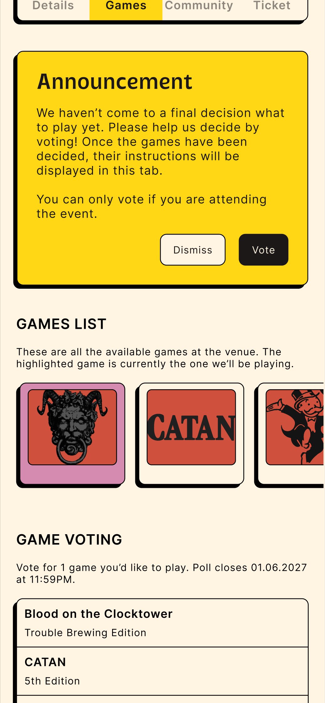 Event announcement in a yellow card, the games list and game voting