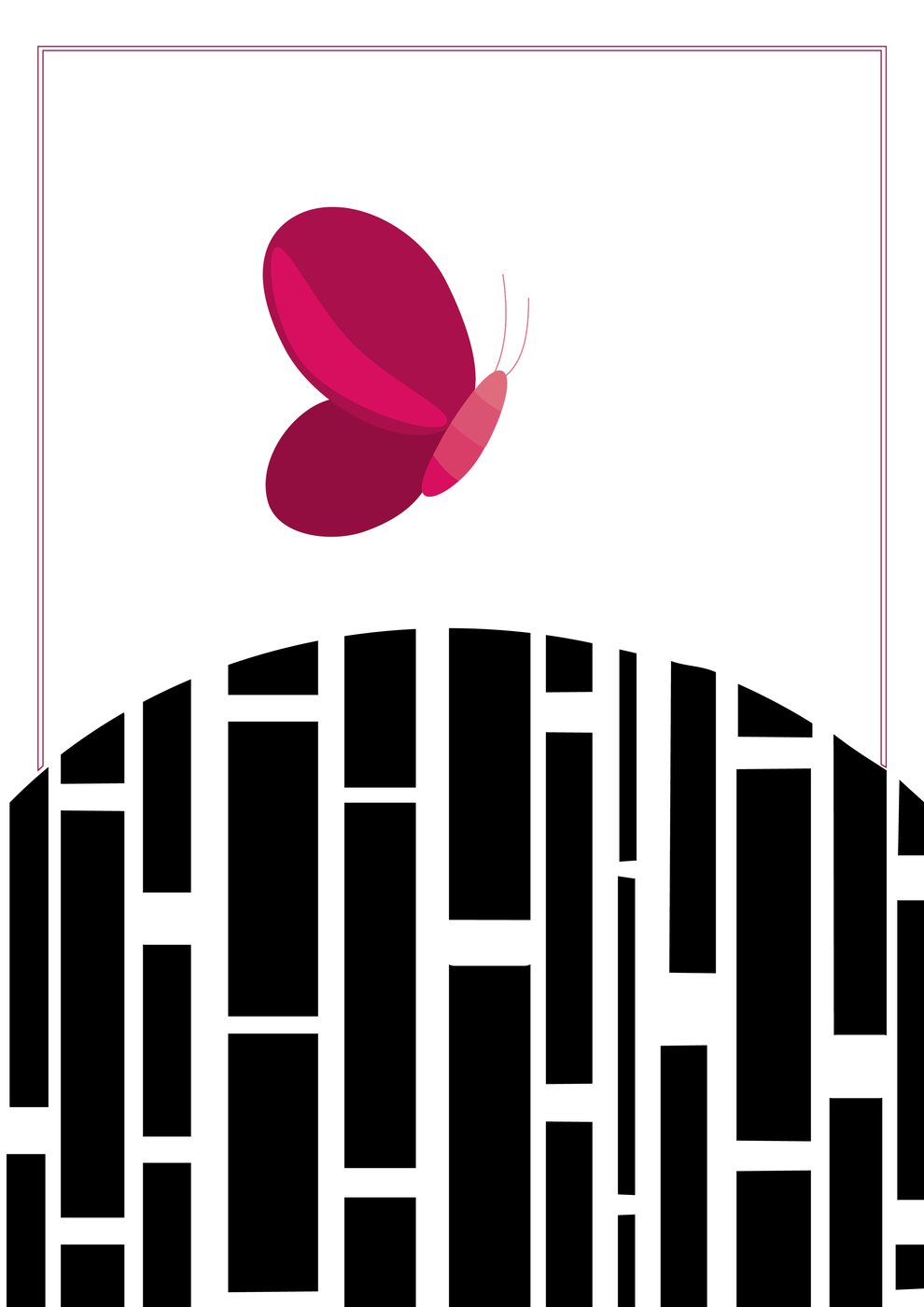 Haiku spring: a pink butterfly above a black striped pattern