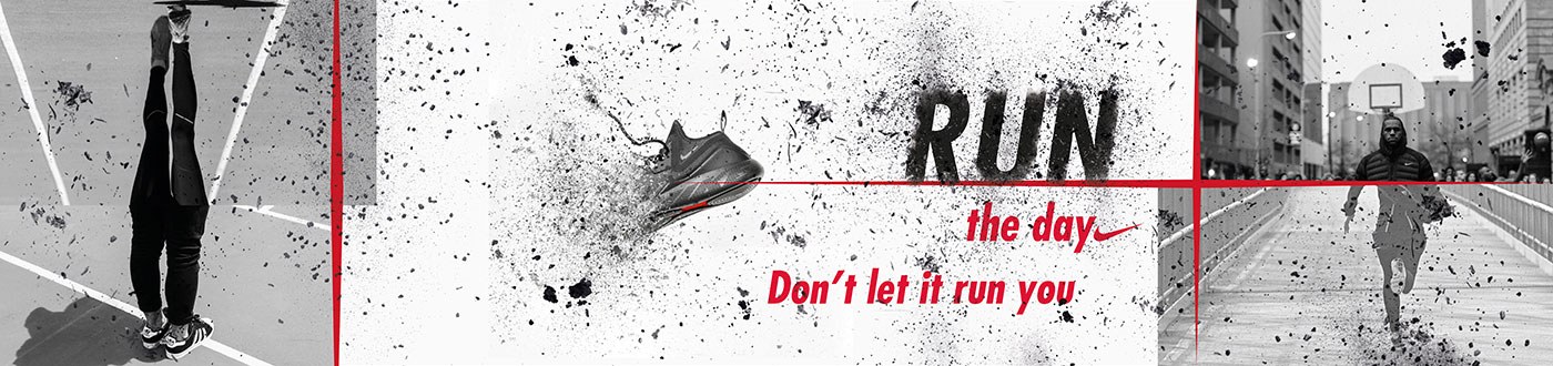 Run the day banner: the splattered poster type next to street photos of runners