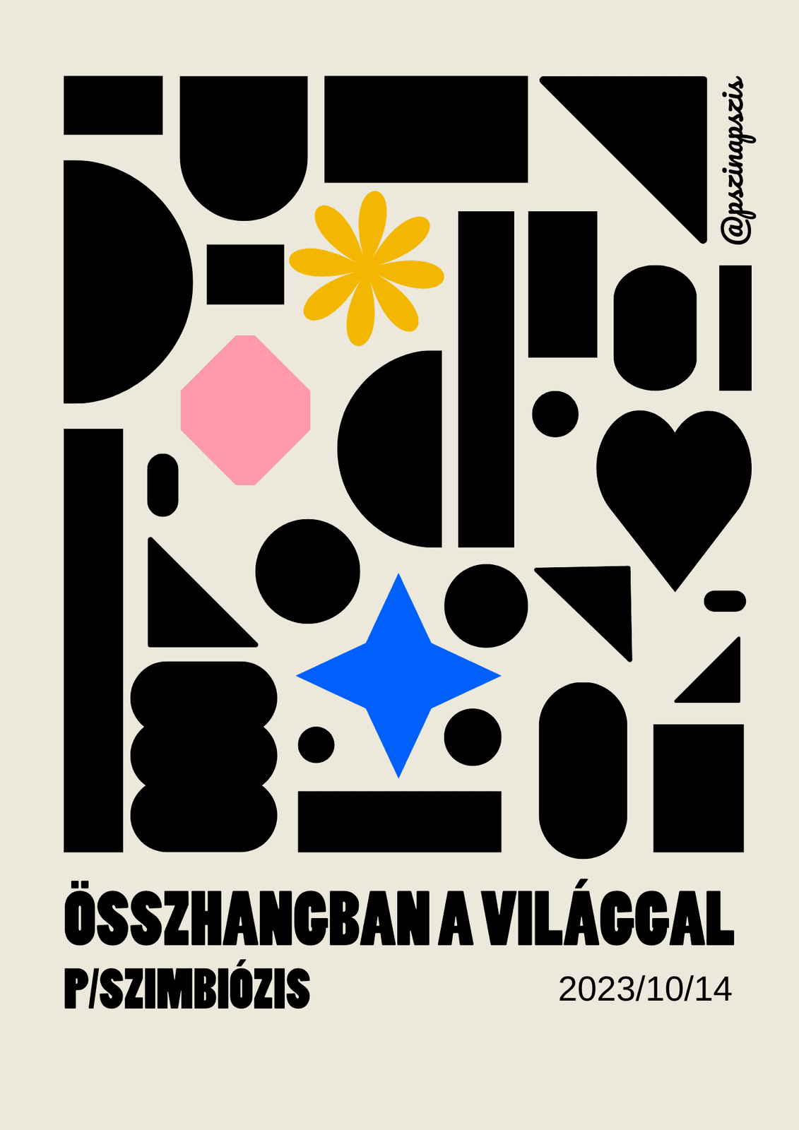 Event poster on cream: black geometric shapes with yellow, pink and blue accents, in harmony with the world