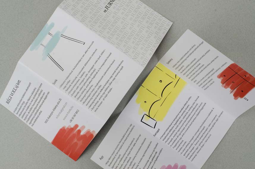 Open leaflets with brush-stroke furniture and text