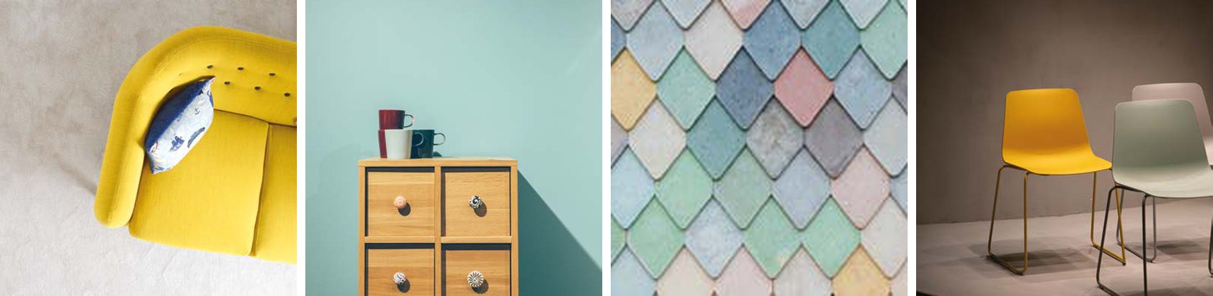 Moodboard: a yellow sofa, mint wooden drawers, pastel tiles and colourful modern chairs