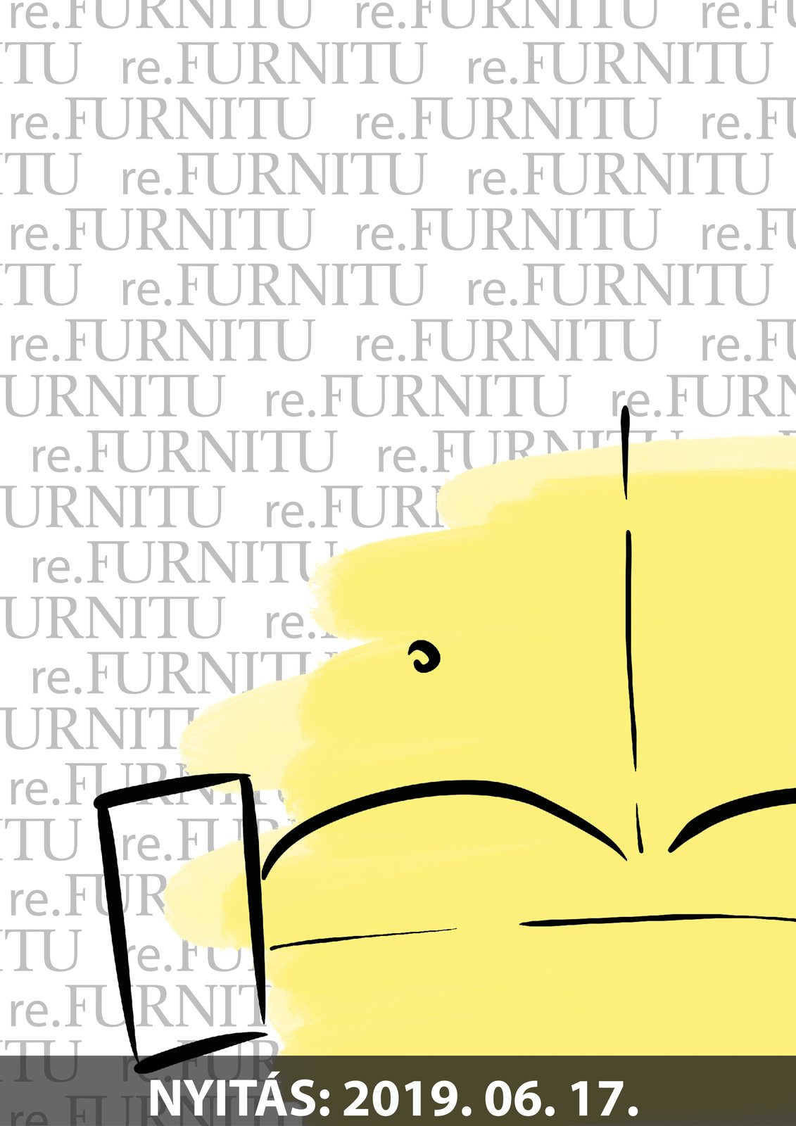 Opening poster with the yellow sofa over the wordmark pattern