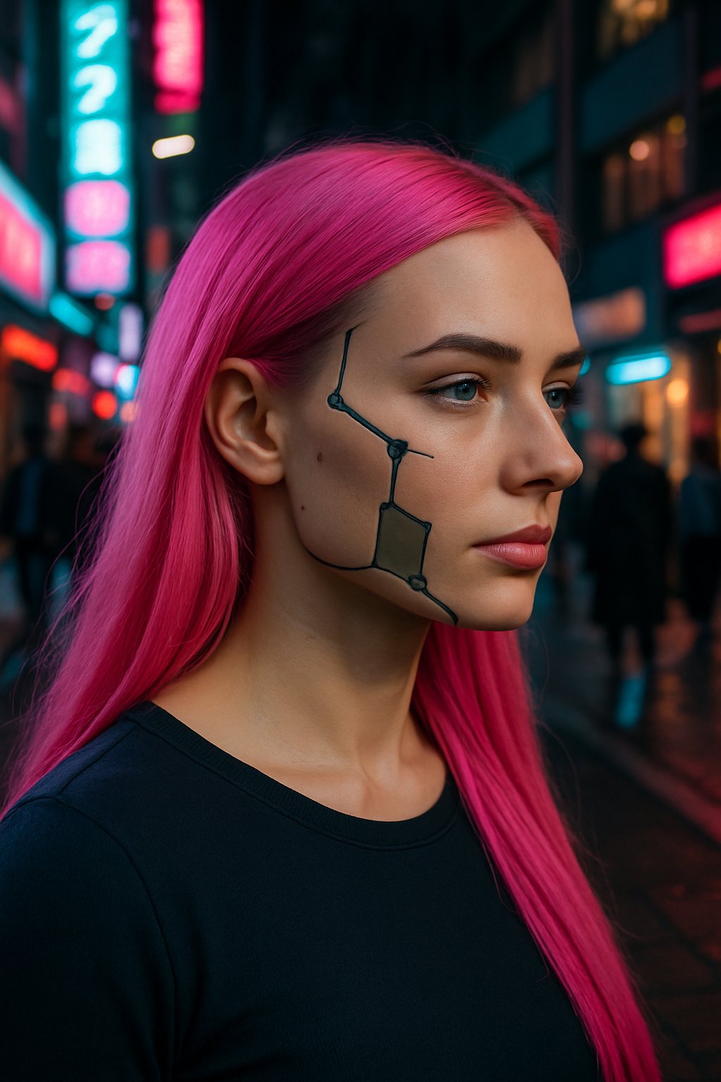 A woman with pink hair wearing a thin metal mask along her cheek