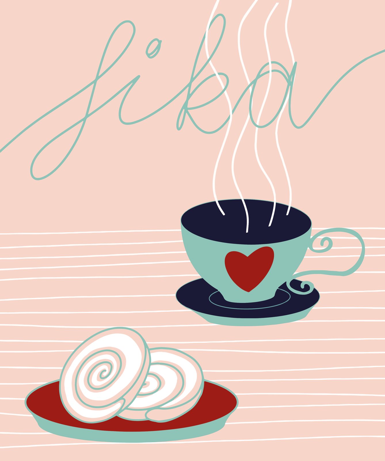 Fika illustration: a cup of coffee with a heart and a cinnamon bun